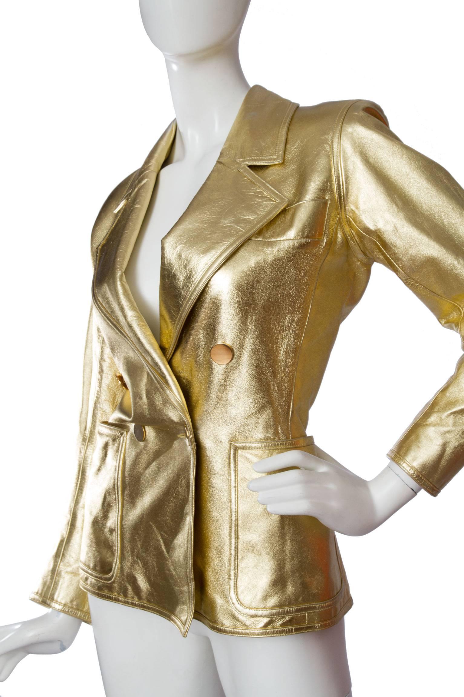 1992 Documented Yves Saint Laurent Double Breasted Gold Leather Jacket ...