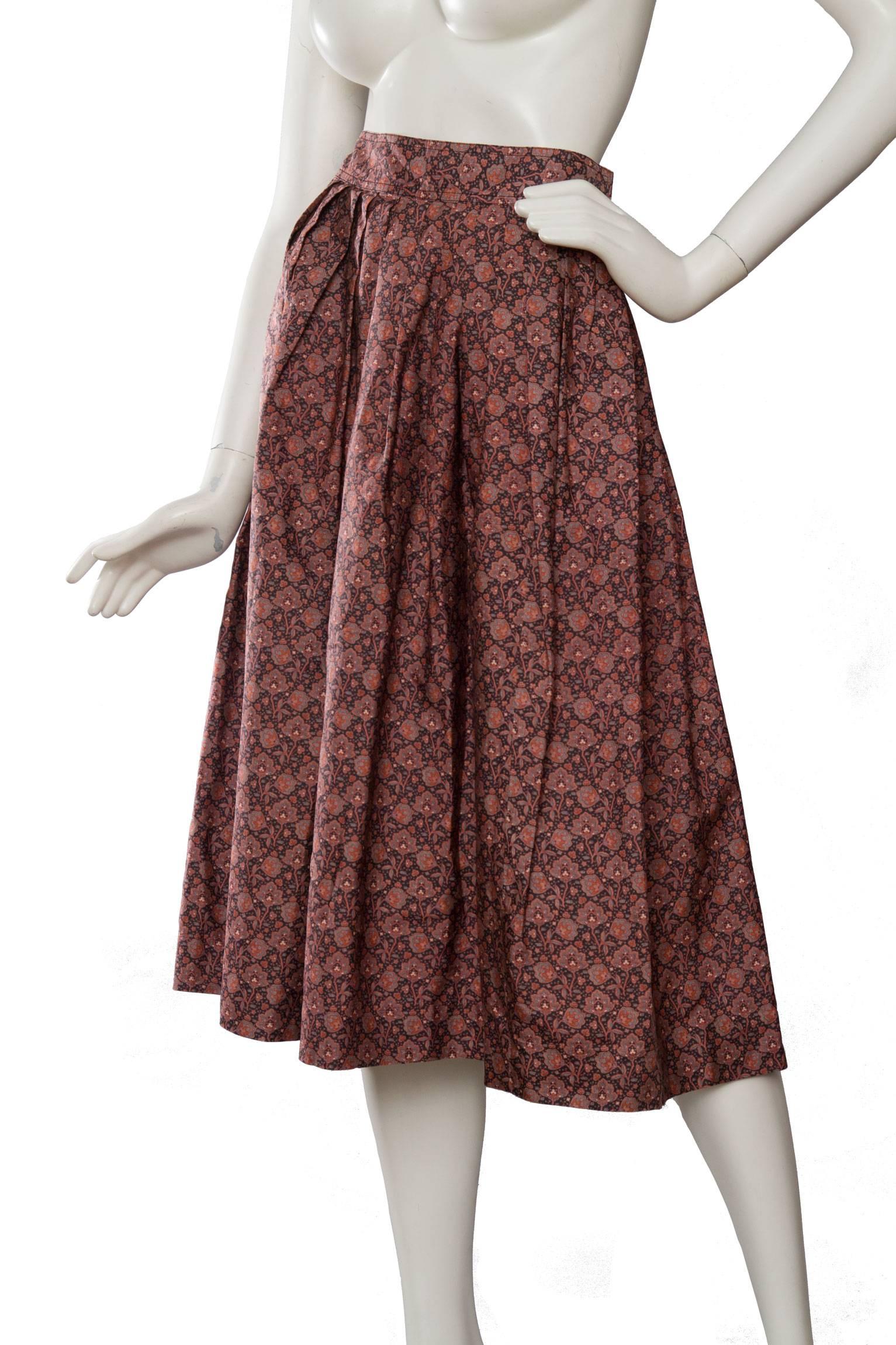 Brown 70s Yves Saint Laurent Floral Pleated Skirt