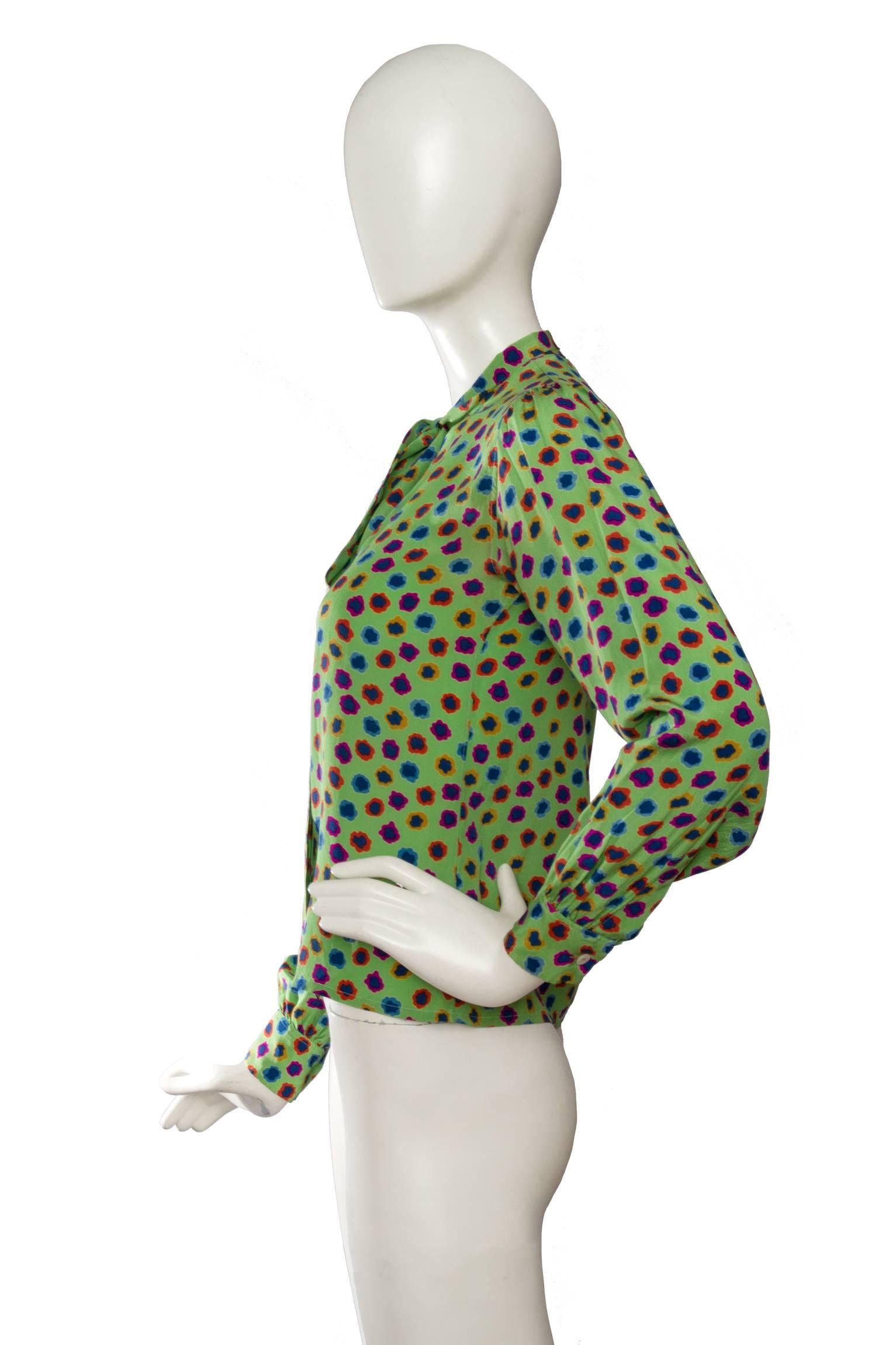 Green 1980s Yves Saint Laurent Graphic Print Blouse XS