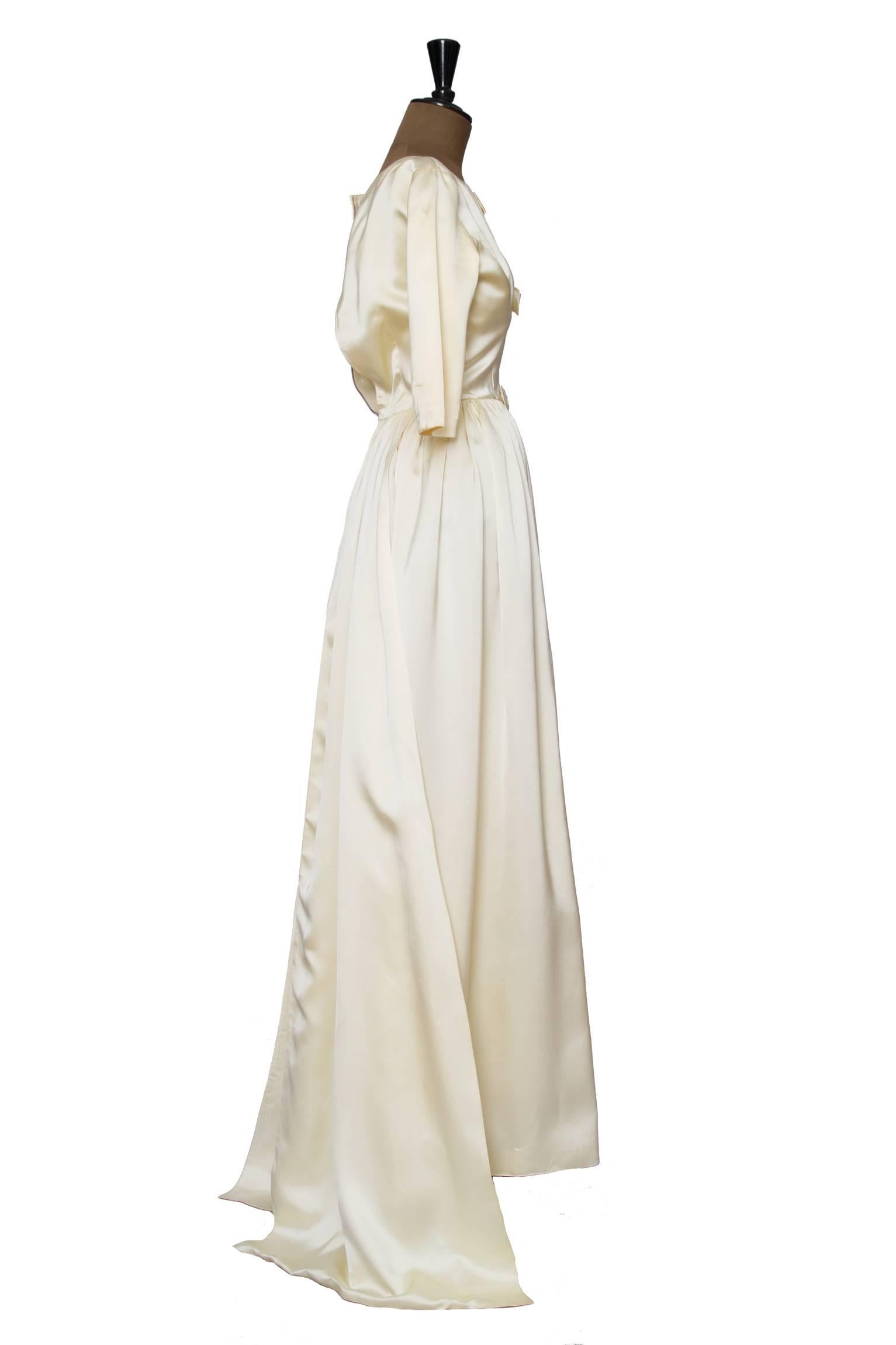 Beige 1960 Maggy Rouff Silk Wedding Gown W. Bows For Sale