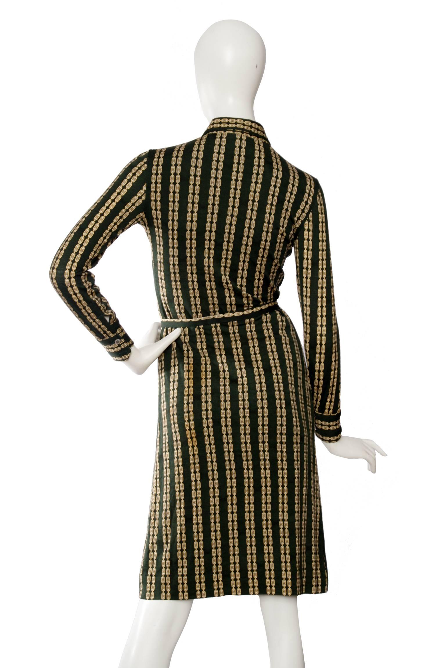 Women's 1970s Celine Green Chain Print belted Dress