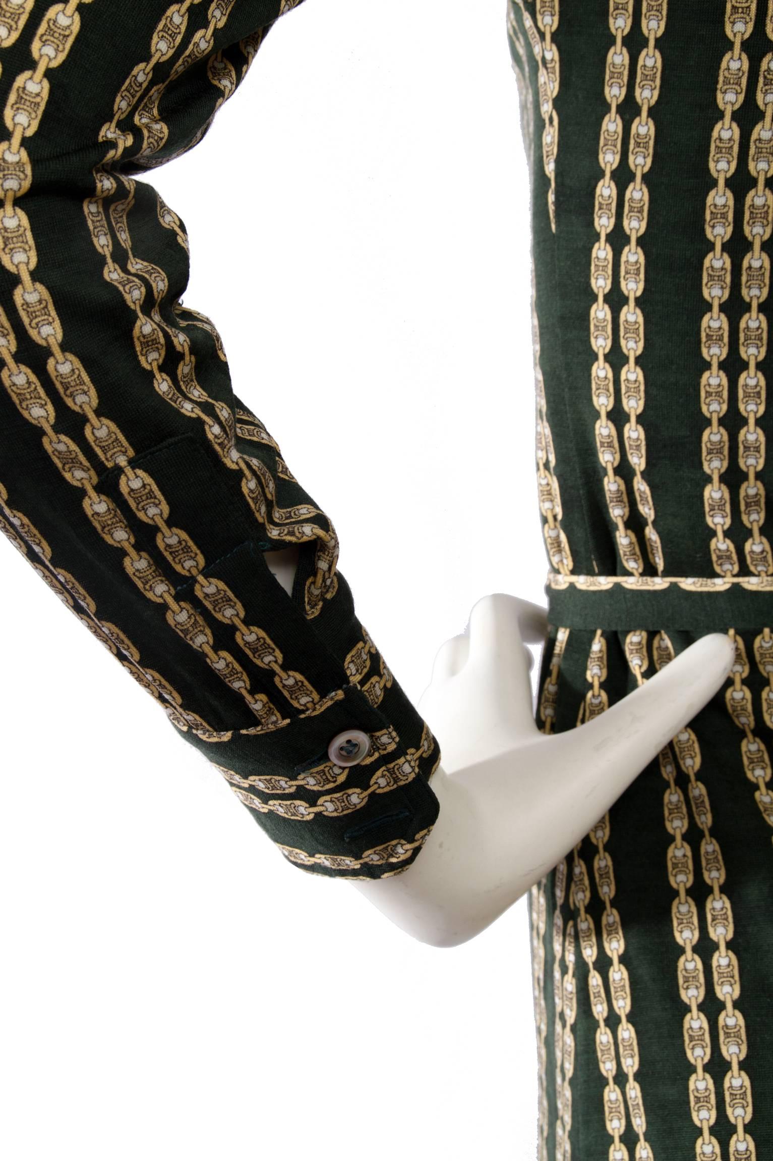 1970s Celine Green Chain Print belted Dress 4