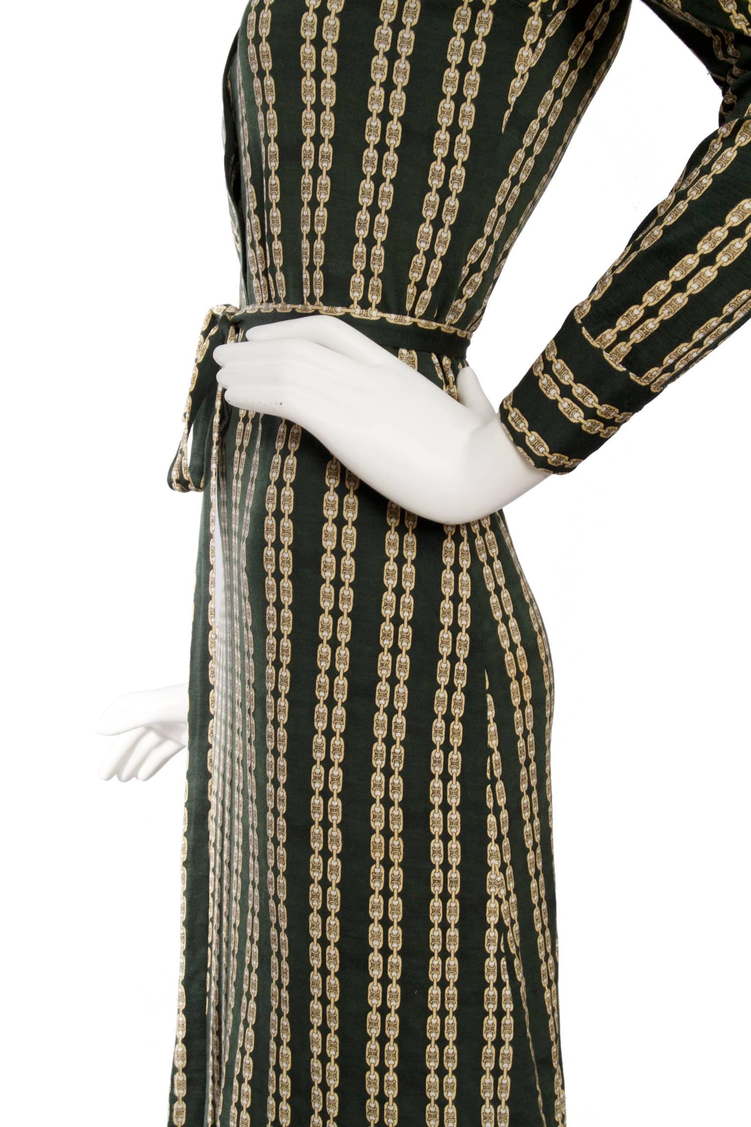1970s Celine Green Chain Print belted Dress 2