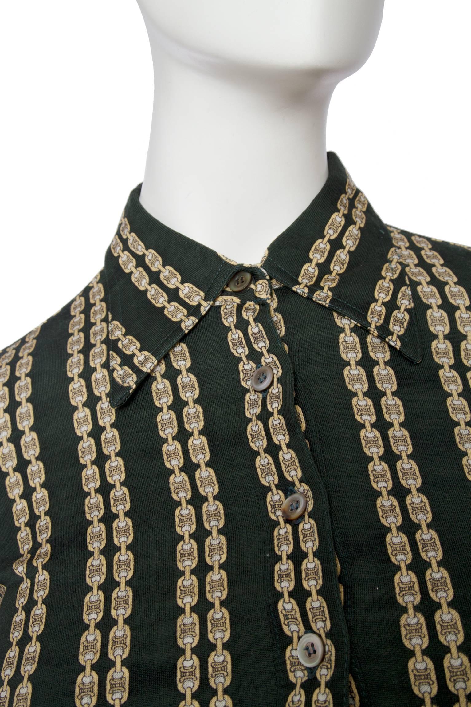1970s Celine Green Chain Print belted Dress 5
