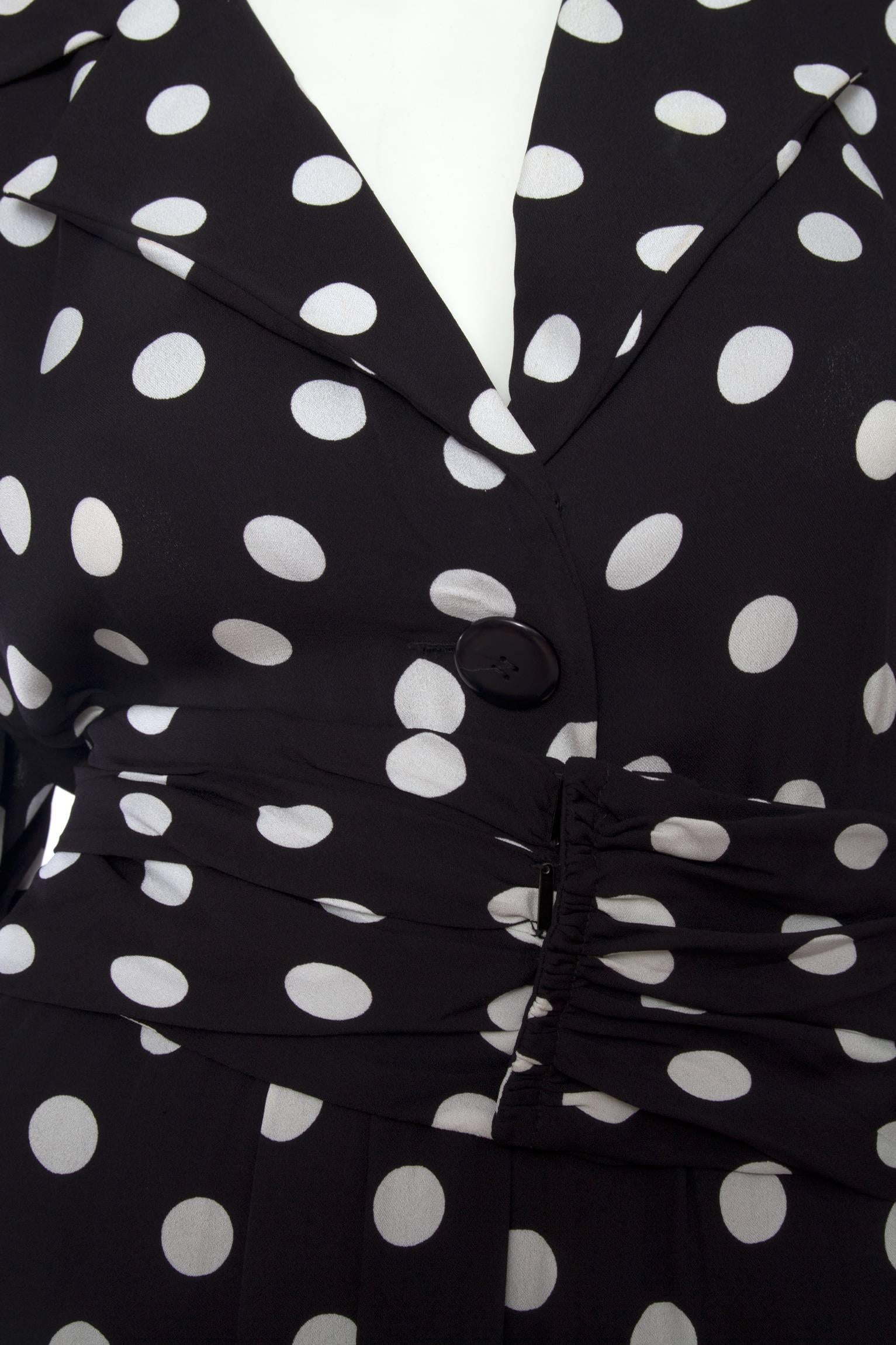 Women's 80s Yves Saint Laurent Rive gauche Black & White Polkadot Silk Dress