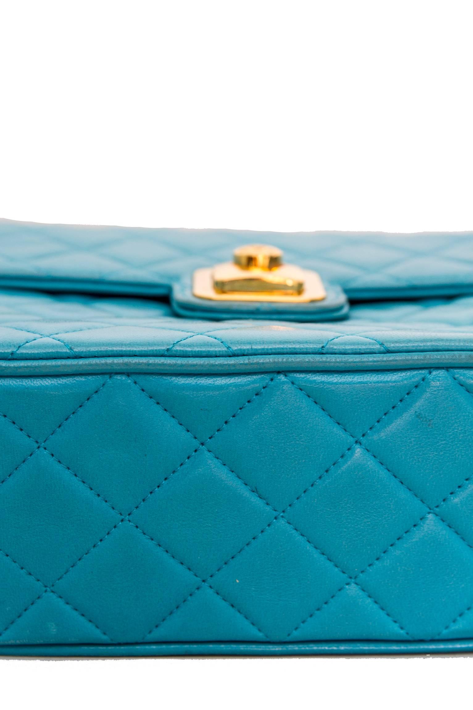 90s Turquoise Chanel Quilted Leather Shoulder Bag  1