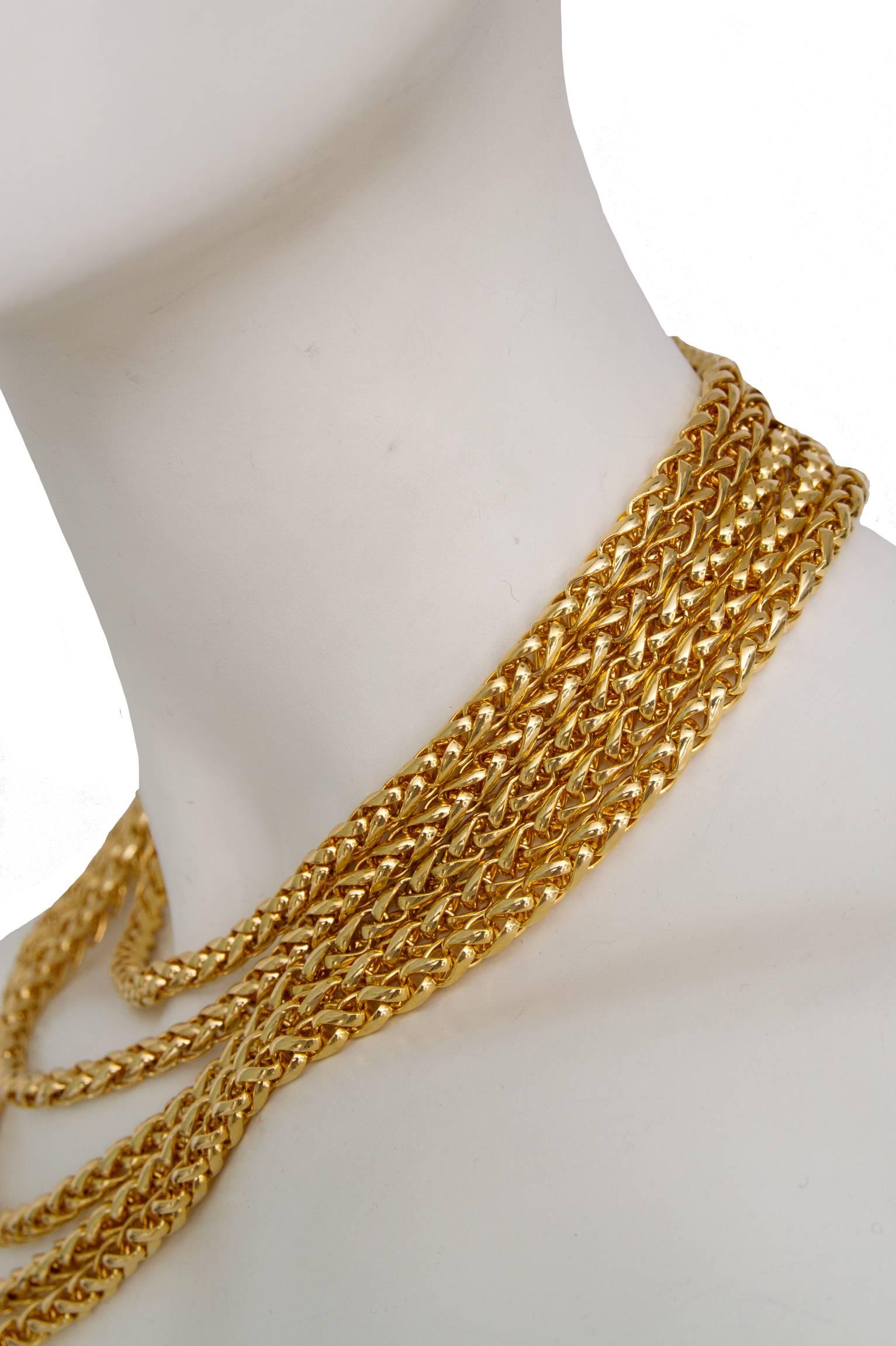 Yves Saint Laurent Crystal and Gold-toned Multi-strand Chain Necklace In Good Condition In Copenhagen, DK