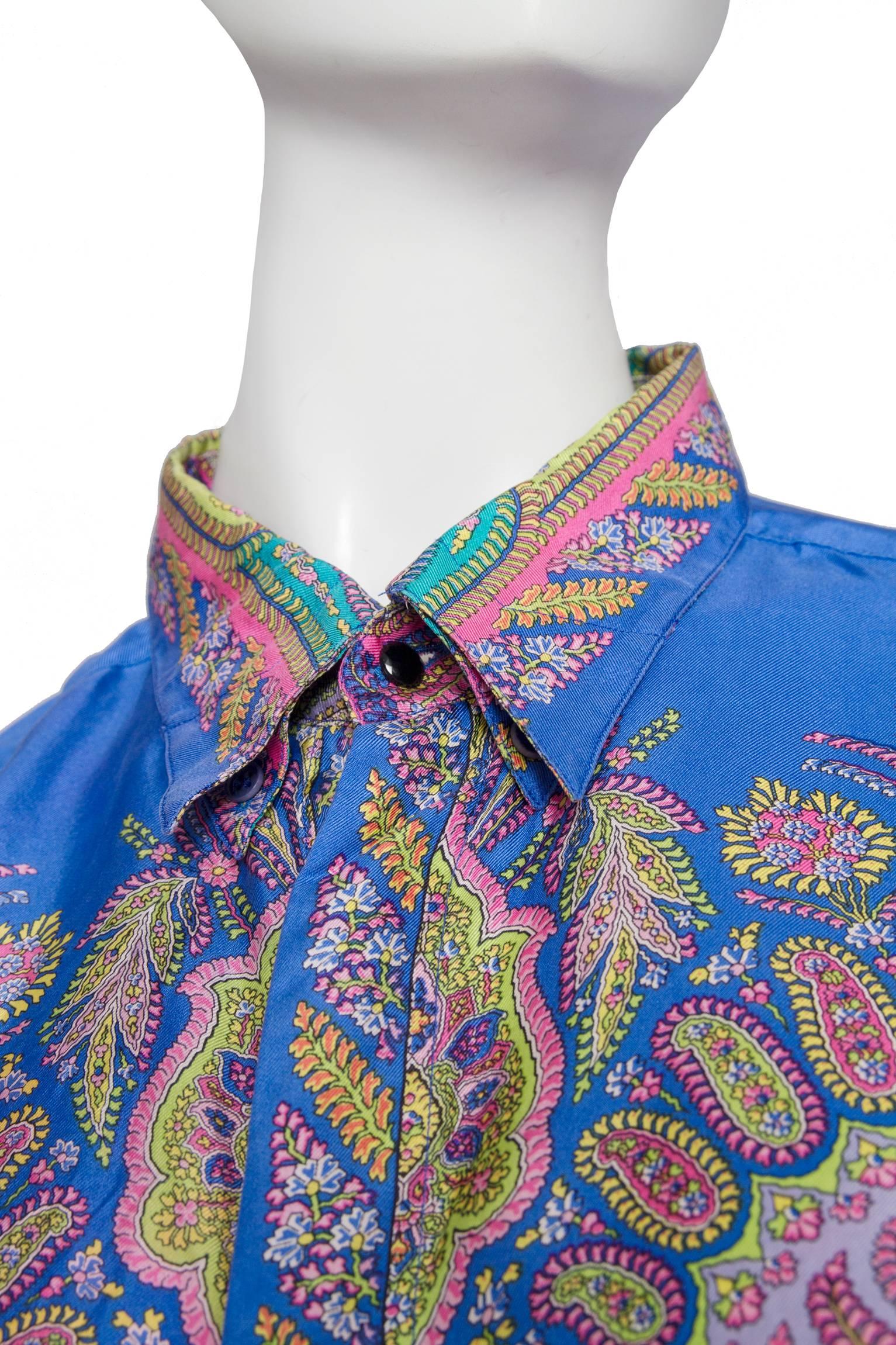 Gray A 90s Gianni Versace Neon Paisley Print Silk Shirt 