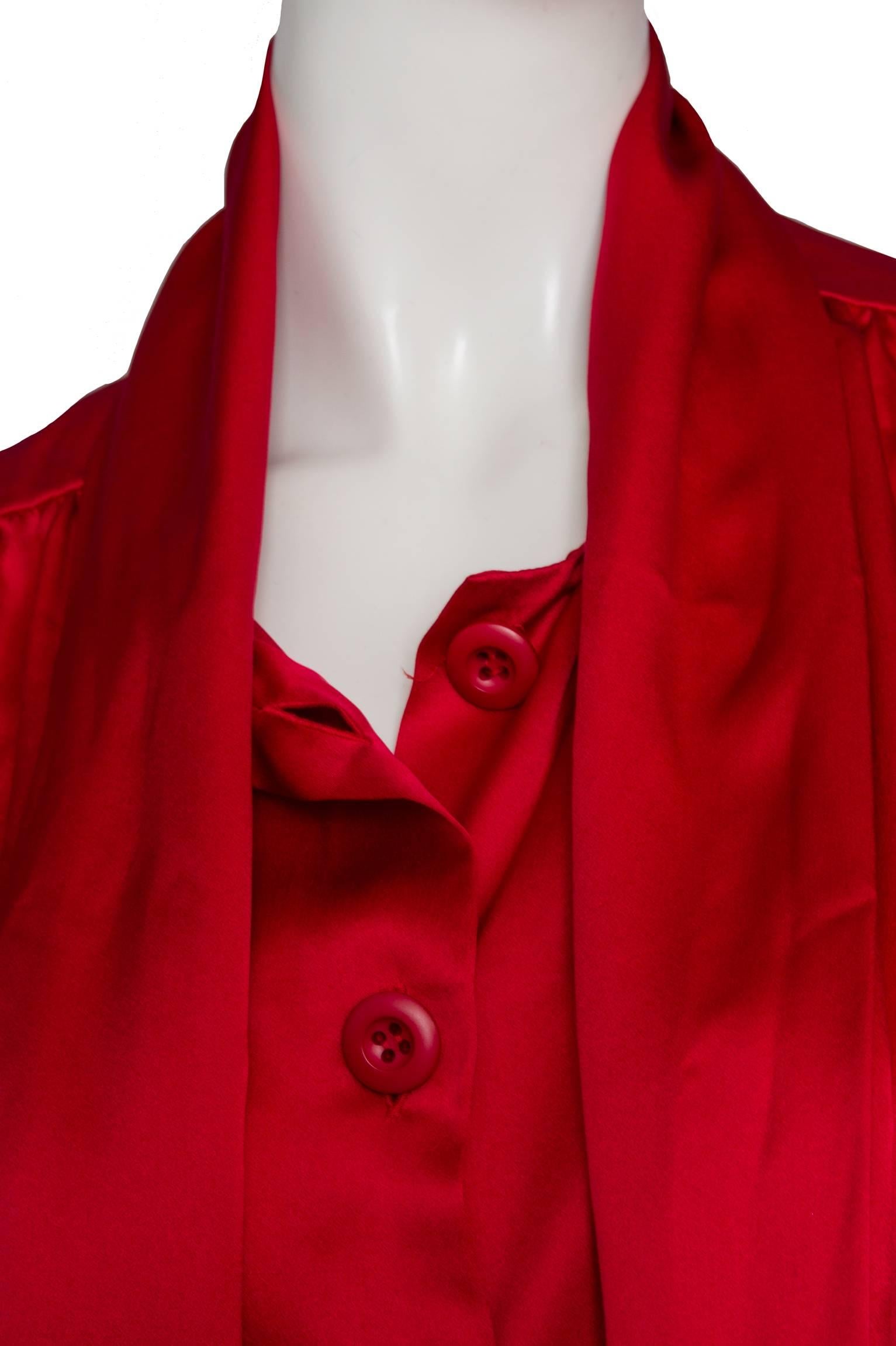 A 1980s Vintage Fire Engine Red Yves Saint Laurent Silk Blouse W Pussy Bow For Sale 1