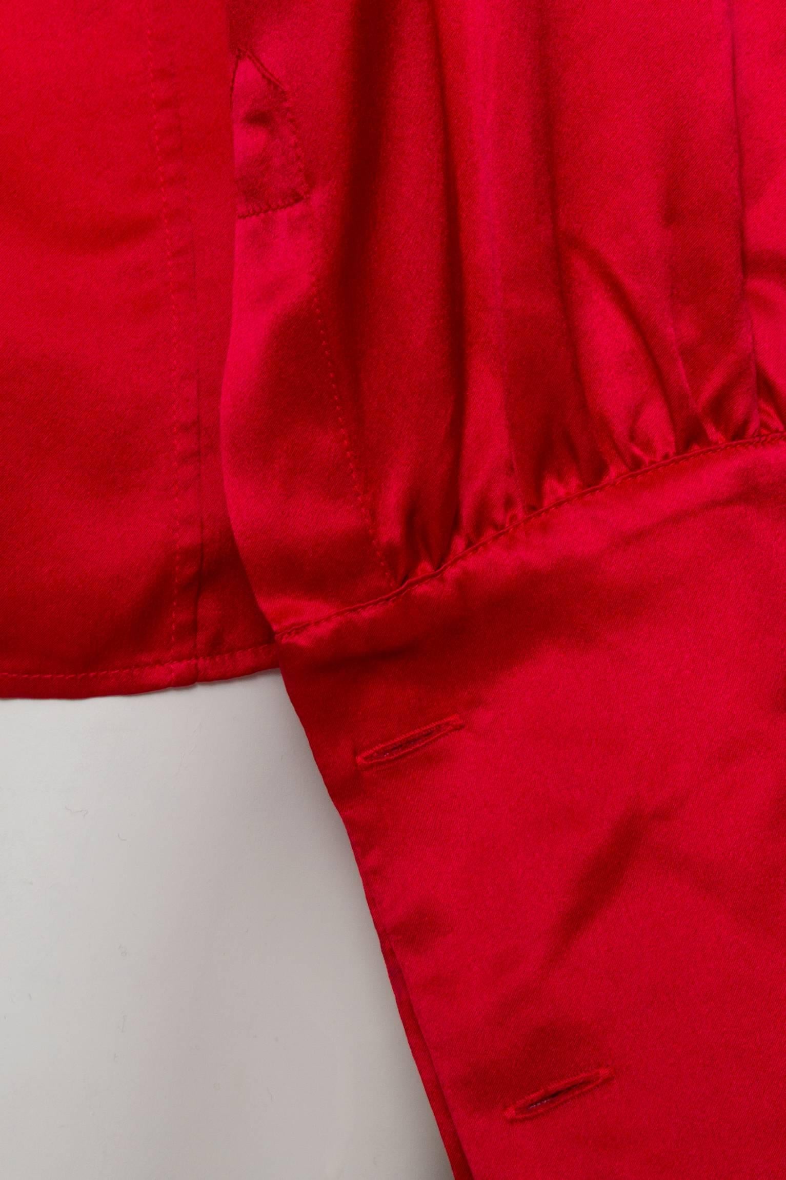 A 1980s Vintage Fire Engine Red Yves Saint Laurent Silk Blouse W Pussy Bow For Sale 2