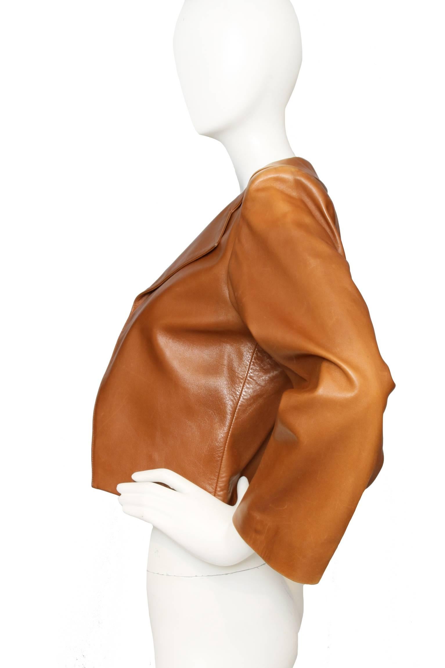 Brown 80s Yves Saint Laurent Brandy Colored Cropped Leather Jacket