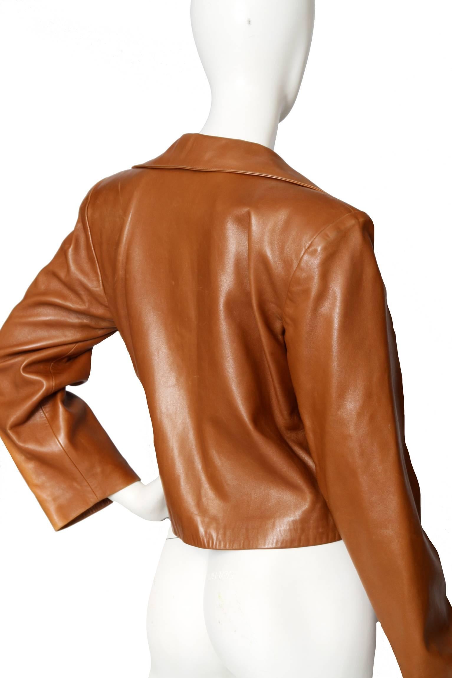 80s Yves Saint Laurent Brandy Colored Cropped Leather Jacket In Good Condition In Copenhagen, DK