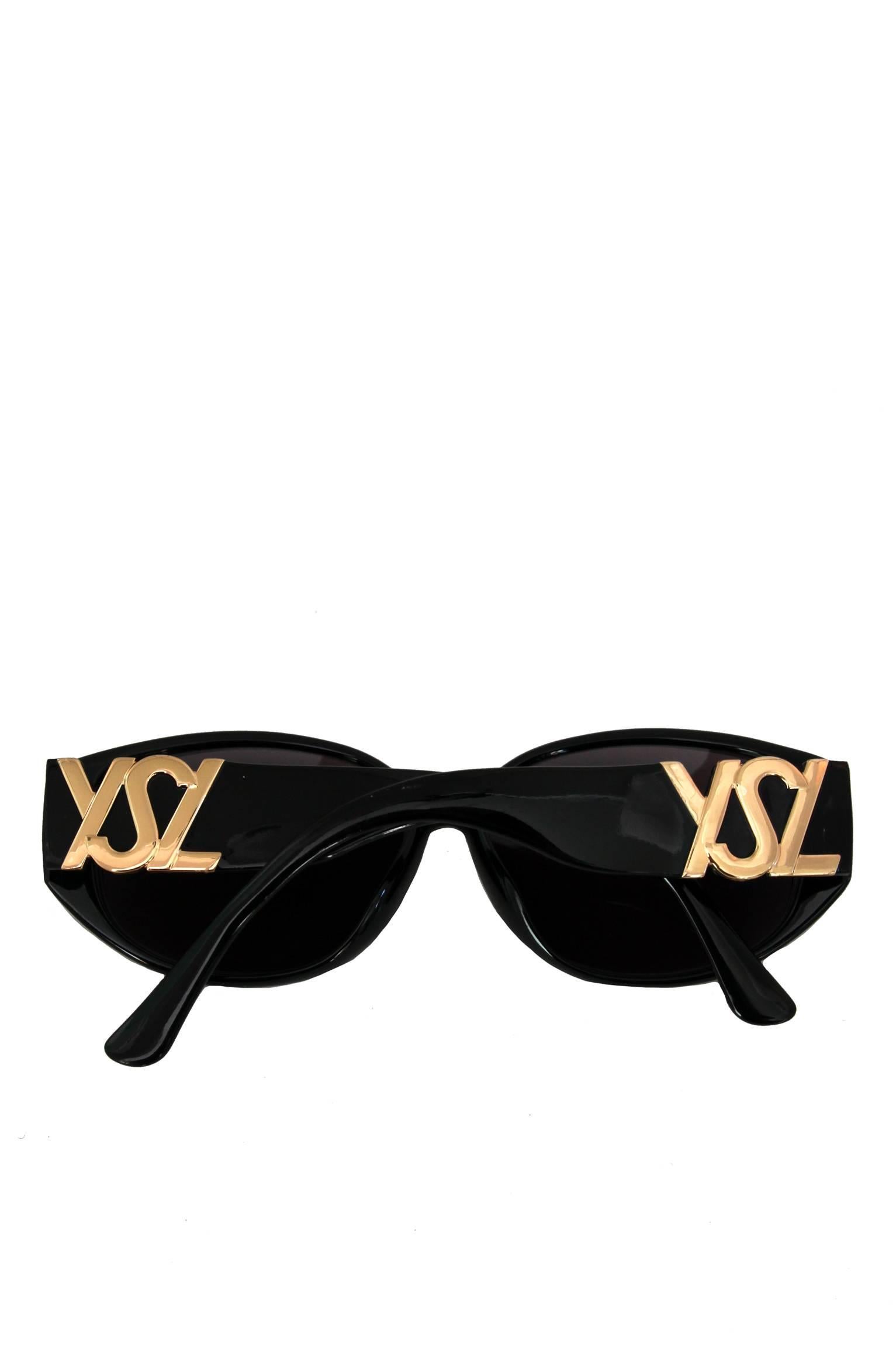 Women's 1990s Yves Saint Laurent Black Frame Sunglasses W. Gold 'YSL' Detail
