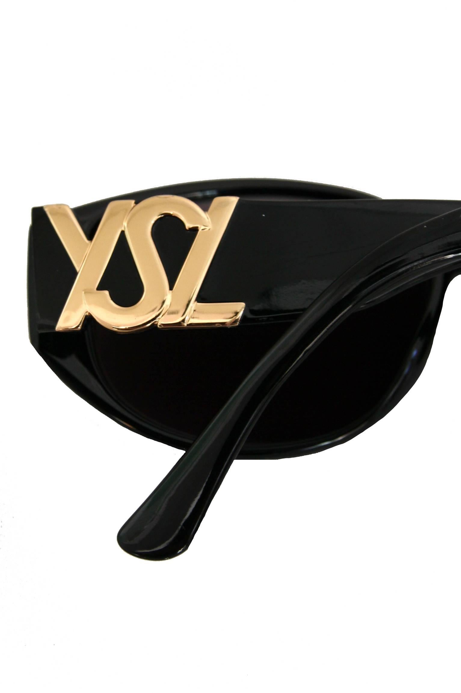 1990s Yves Saint Laurent Black Frame Sunglasses W. Gold 'YSL' Detail 1
