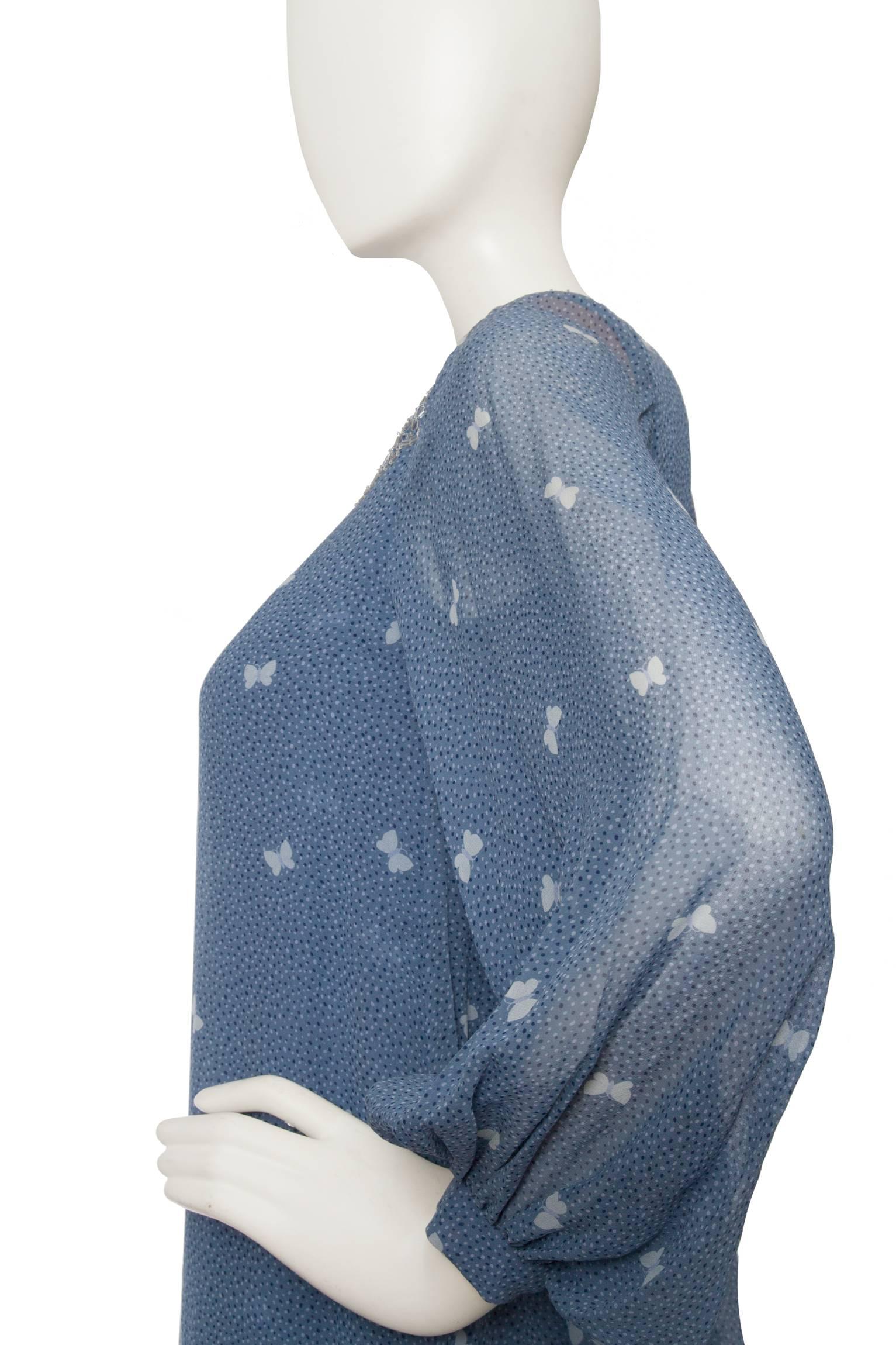 Gray A 1970s Hanae Mori Blue Silk Dress w. Butterfly Print