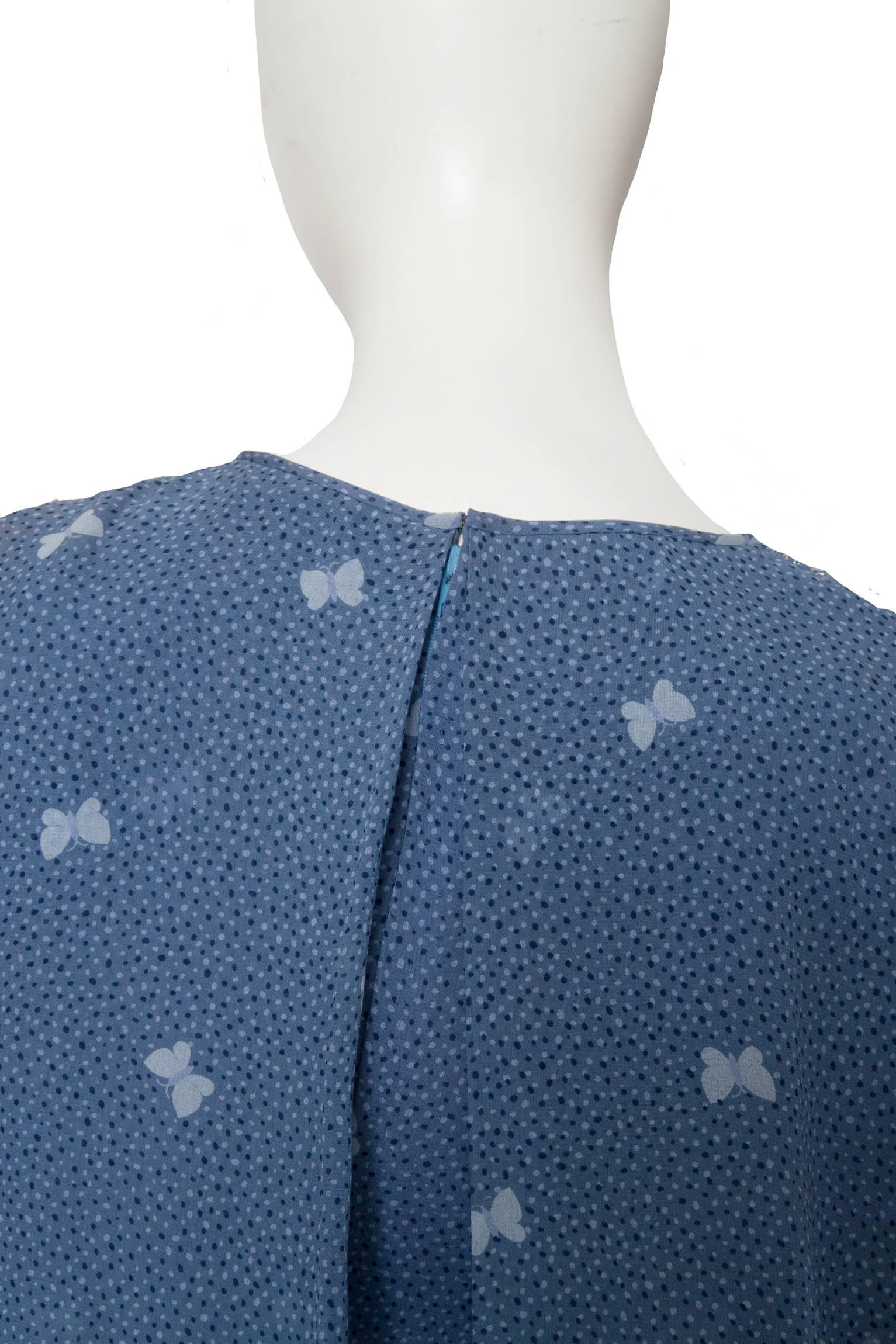 Women's A 1970s Hanae Mori Blue Silk Dress w. Butterfly Print