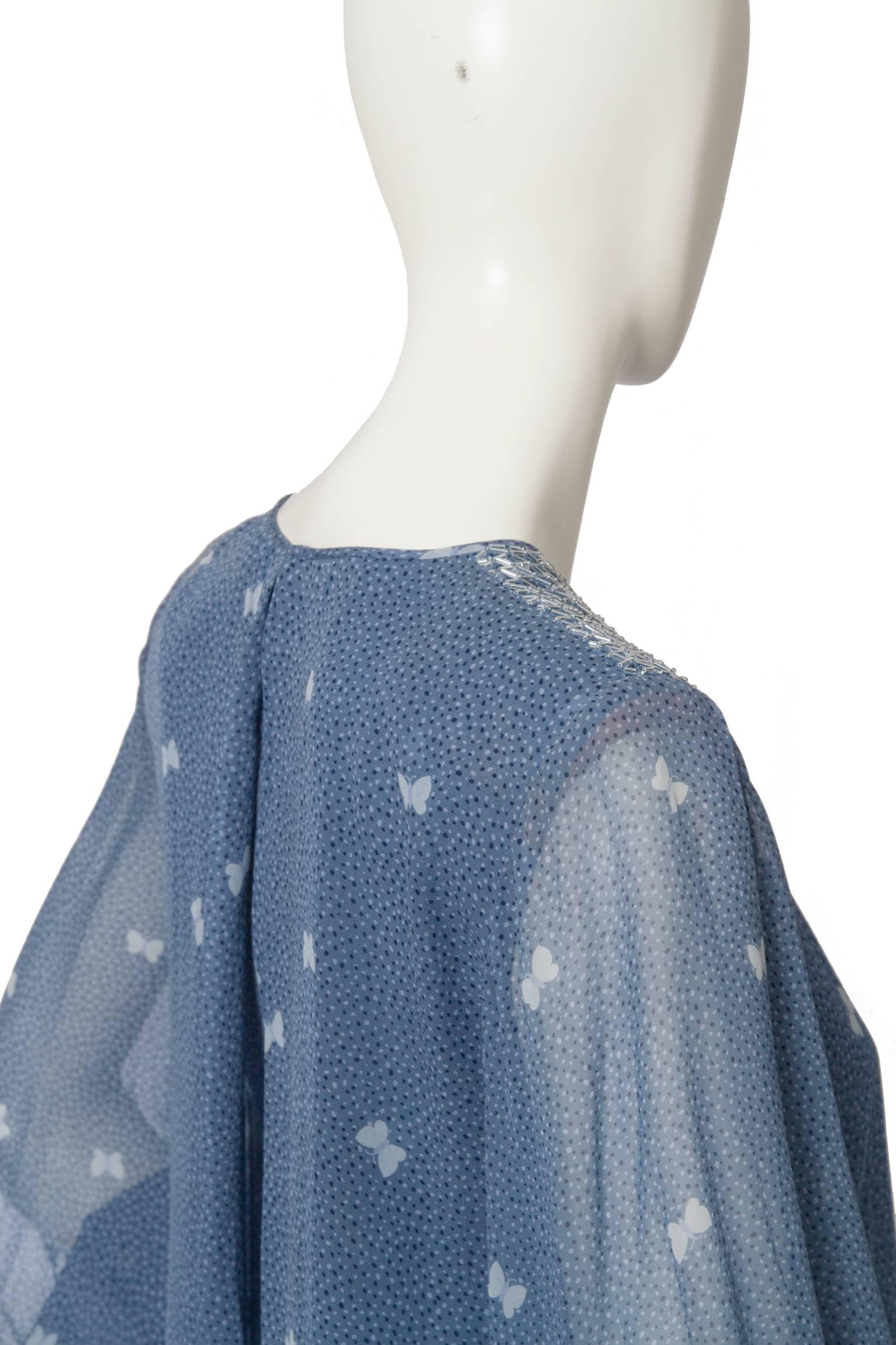 A 1970s Hanae Mori Blue Silk Dress w. Butterfly Print 1