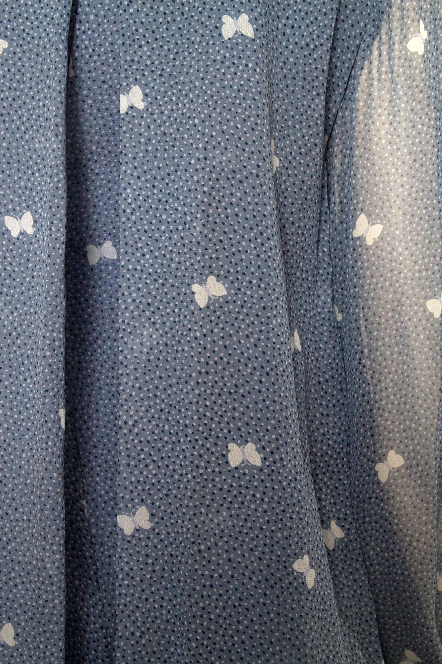 A 1970s Hanae Mori Blue Silk Dress w. Butterfly Print 3