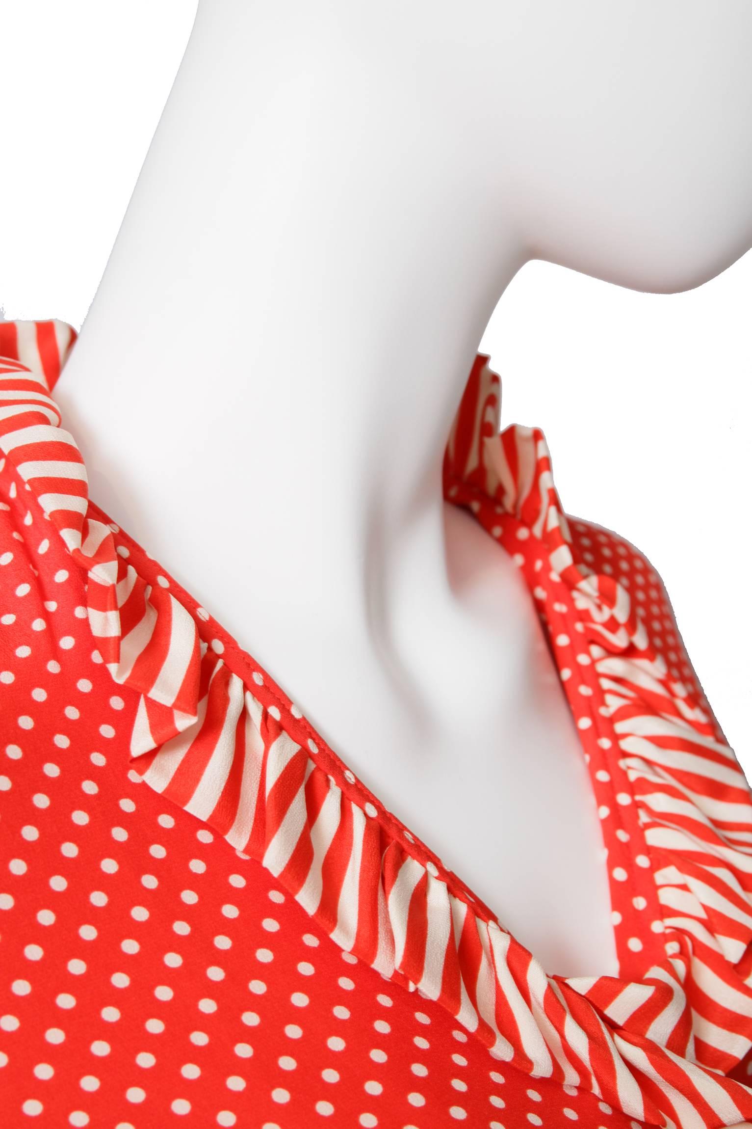 Women's 80s Christian Dior Polka Dot Silk Wrap Blouse For Sale