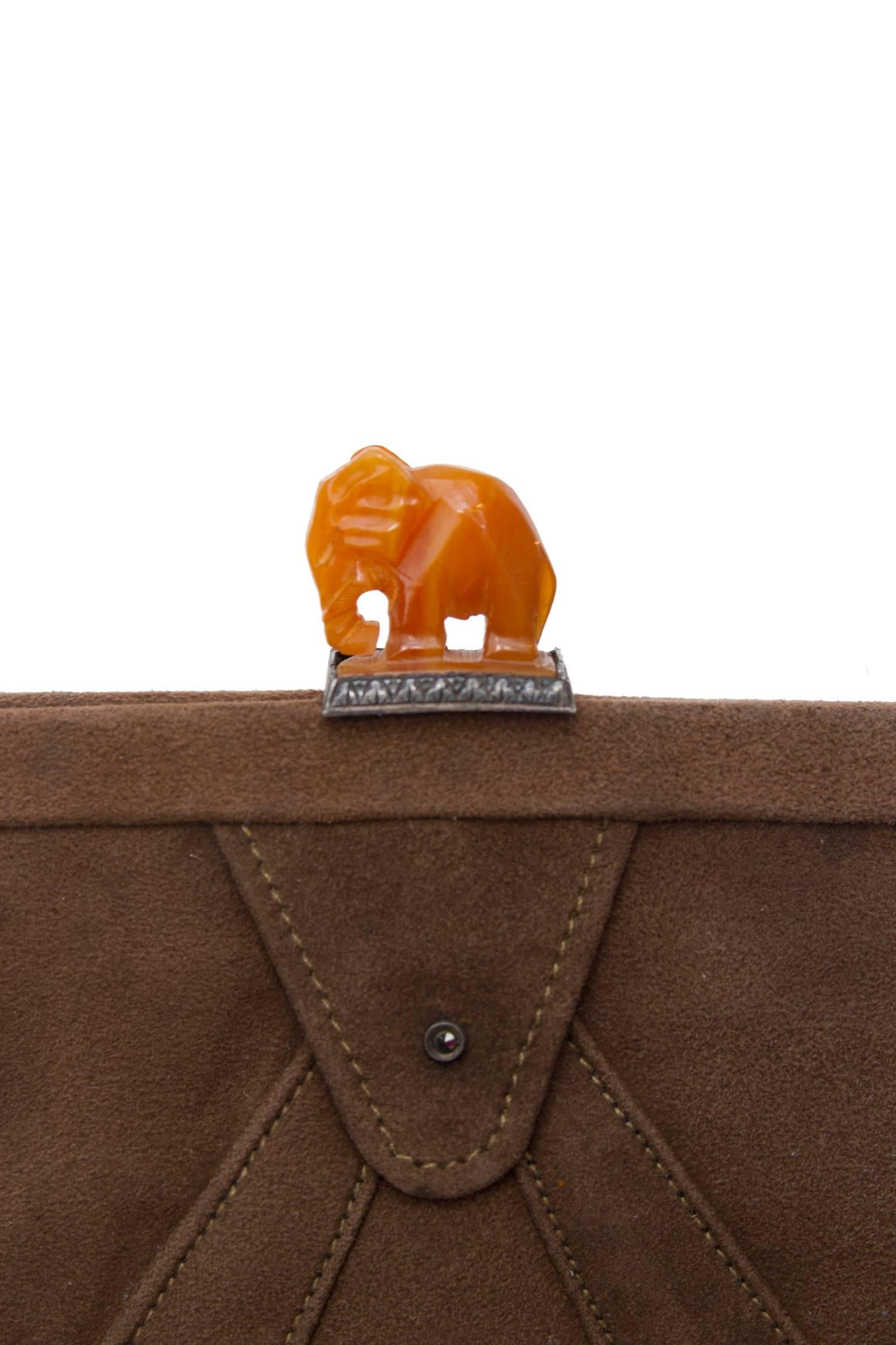 Brown A 1920s Art Deco Suede Evening Handbag with Amber Details 