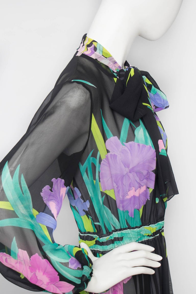 Leonard Vintage Floral Sheer Silk Dress, 1980 For Sale at 1stDibs
