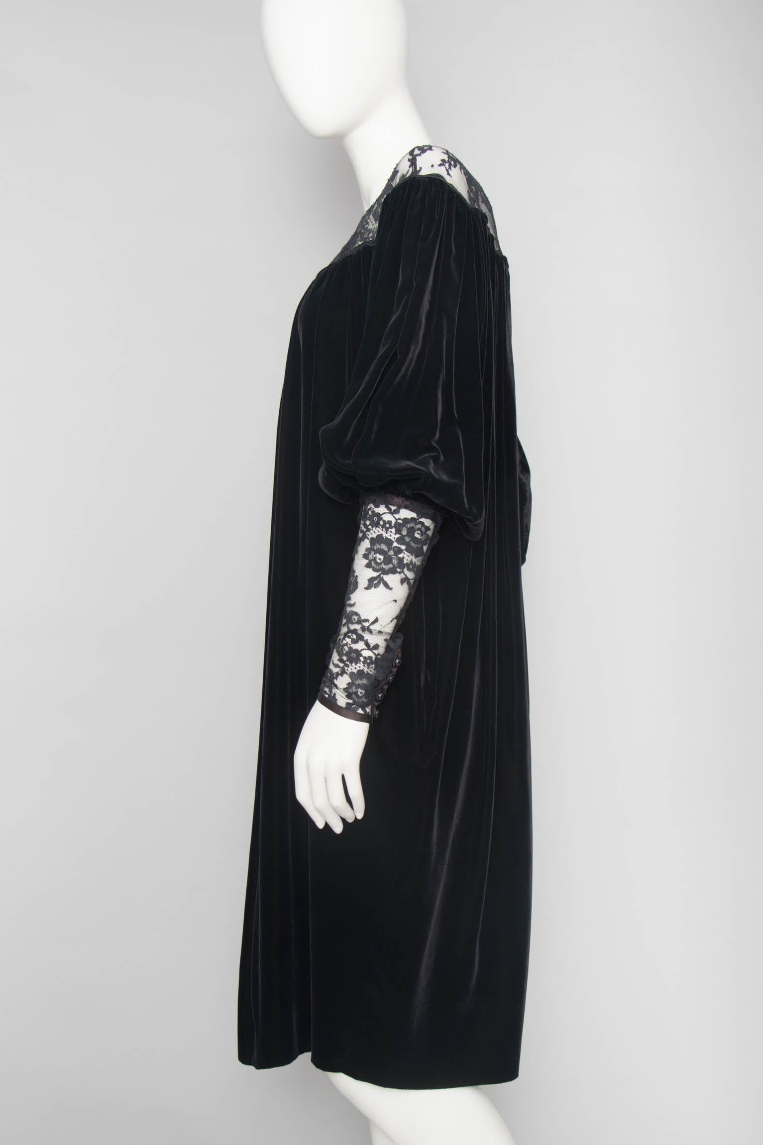 Women's or Men's Yves Saint Laurent Rive Gauche vintage Black Velvet Dress With Lace Detail