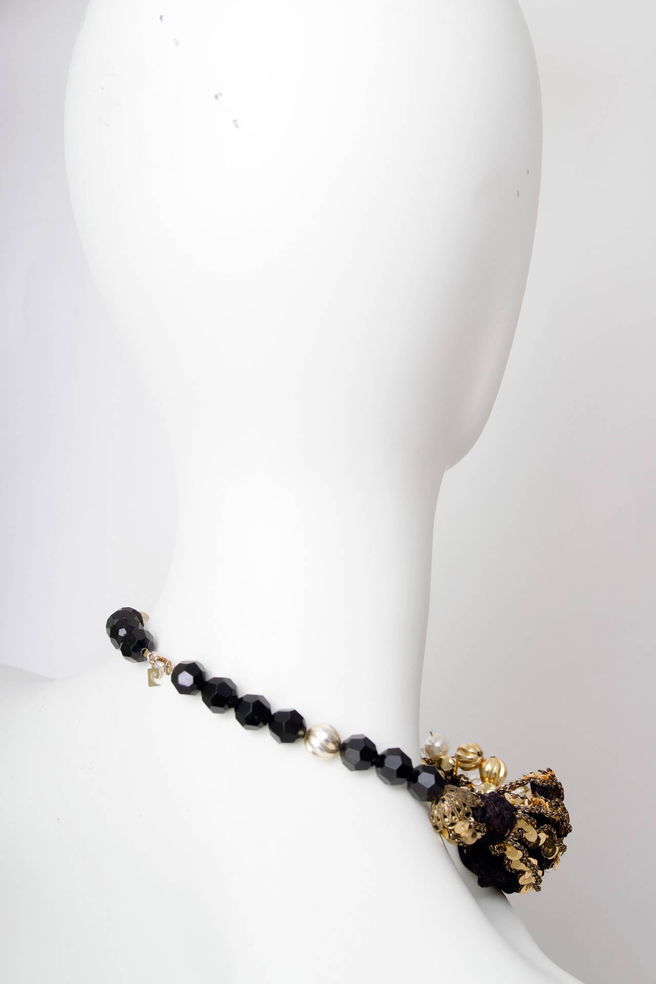 Women's 1970s Pierre Cardin Black Beads and Gold Sequin Necklace For Sale