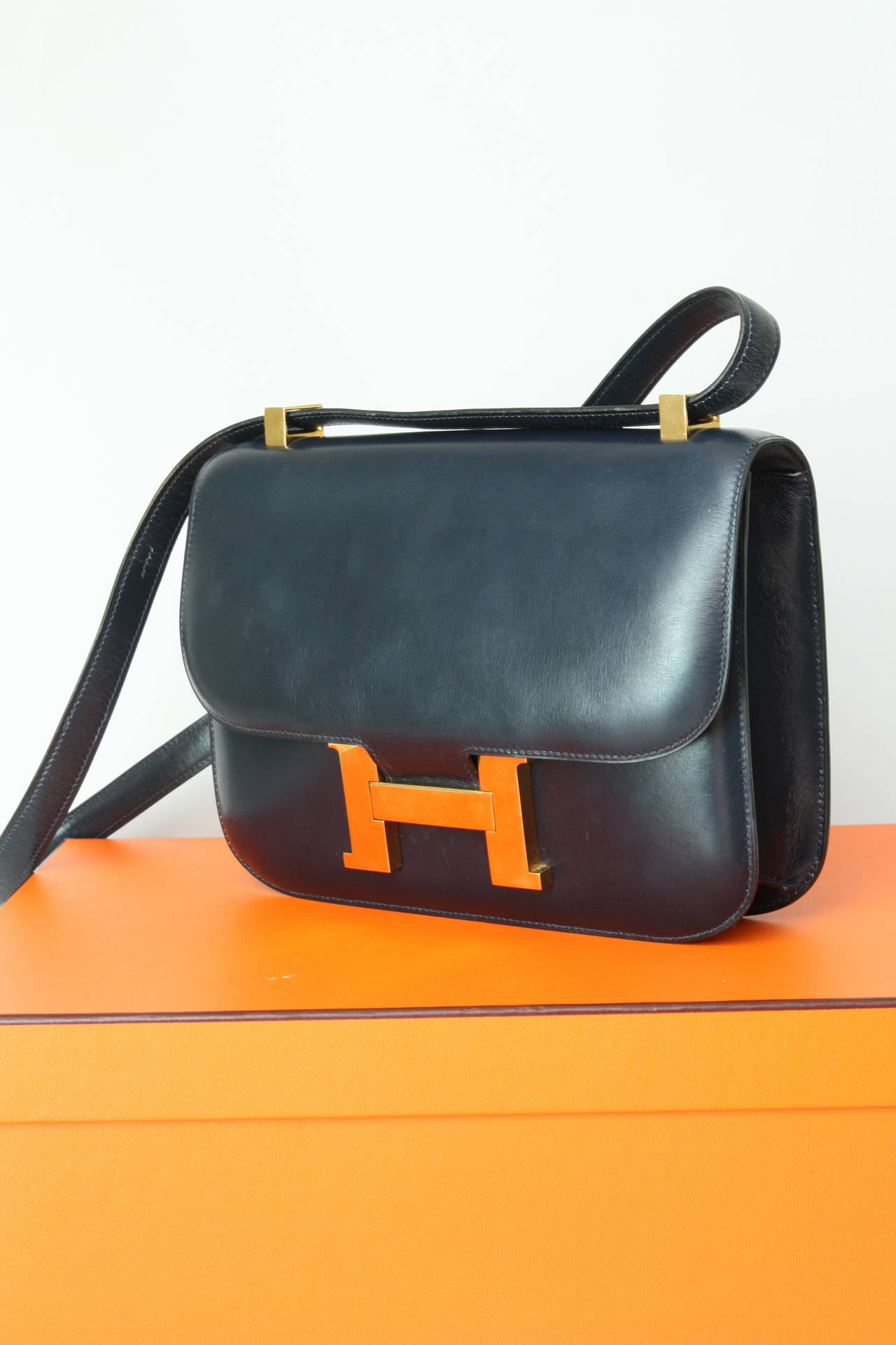 hermes navy leather handbag constance  