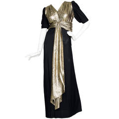 1970s Yves Saint Laurent Black Silk & Gold-Lamé Dress M 12