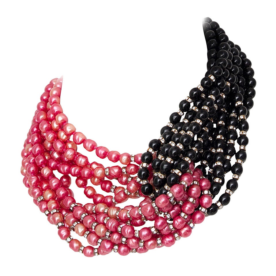 Stunning Late 1970s Céline Heavy Black & Pink Pearl Necklace For Sale