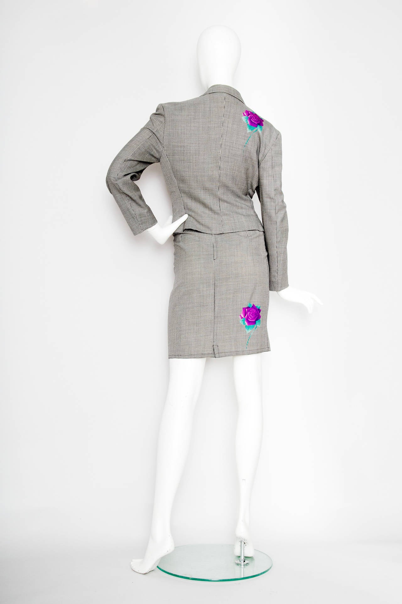 Gray Gianni Versace Rose Print Wool Skirt Suit, Early 1990s  For Sale