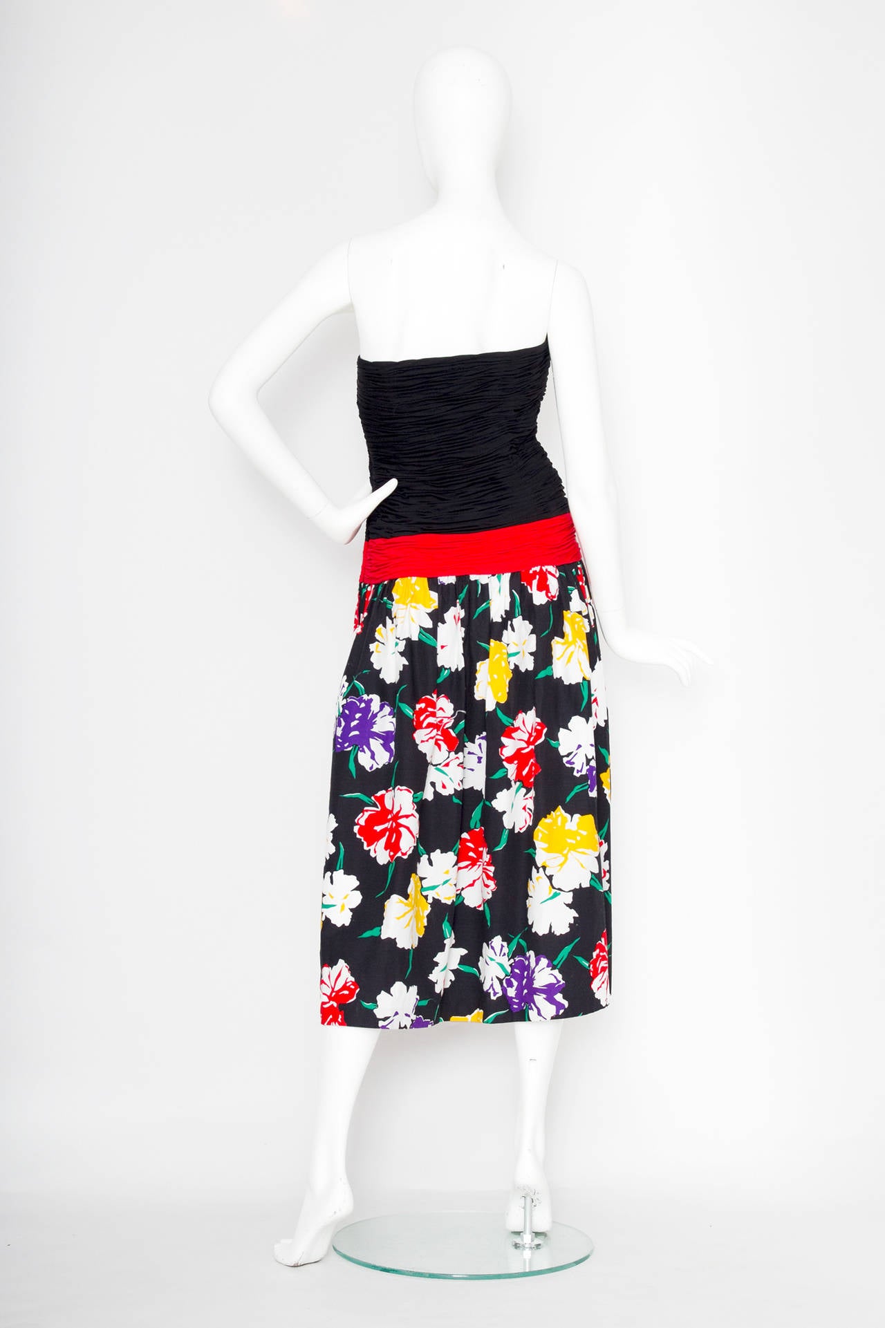 Black 1980s Valentino Ruched Floral Dress For Sale