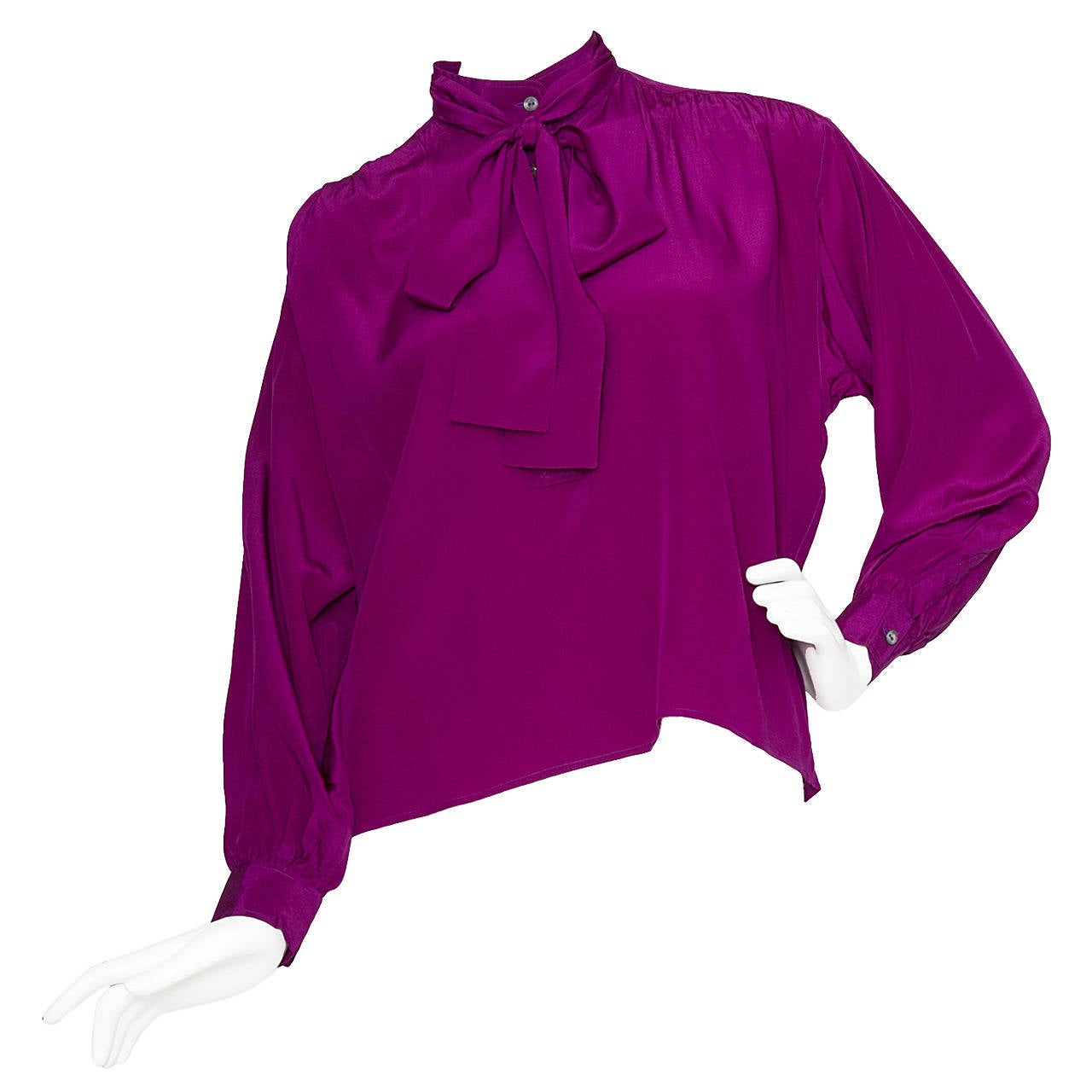 1980s Yves Saint Laurent Plum Pussy Bow Silk Blouse