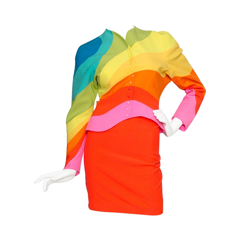Iconic S/S 1990 Thierry Mugler Rainbow Wool Skirt Suit For Sale