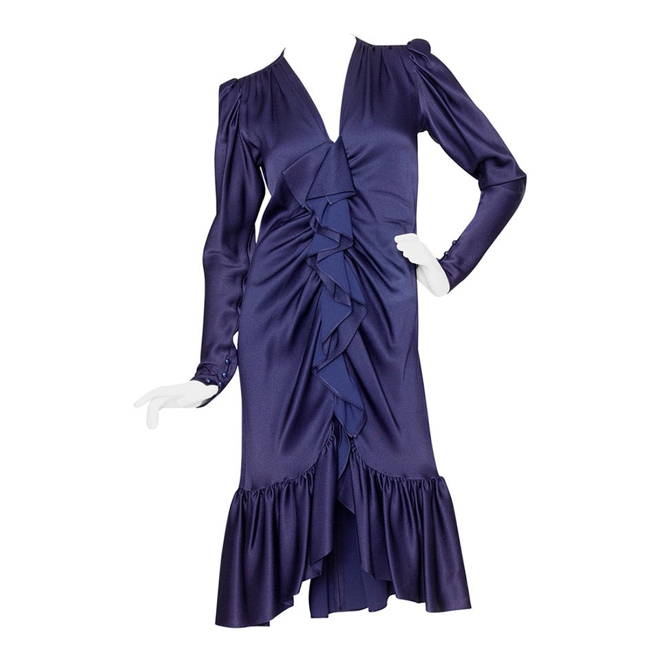 1980s Yves Saint Laurent Midnight Blue Silk Evening Dress