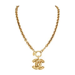 1980s Gold Plated Chanel Quilted Logo Chain Necklase