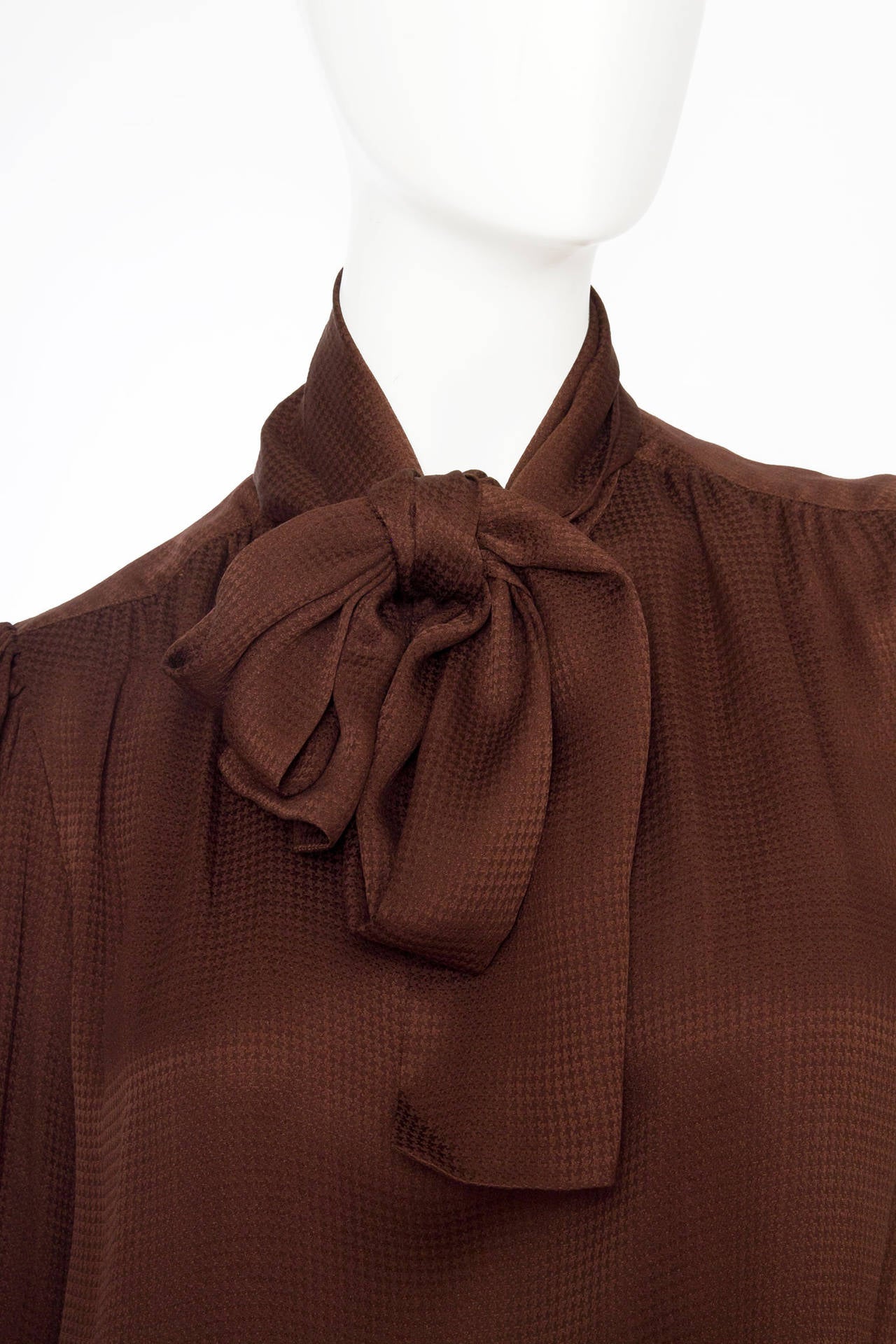 Women's 1980s Yves Saint Laurent Chocolate Brown Jacquard Silk Blouse