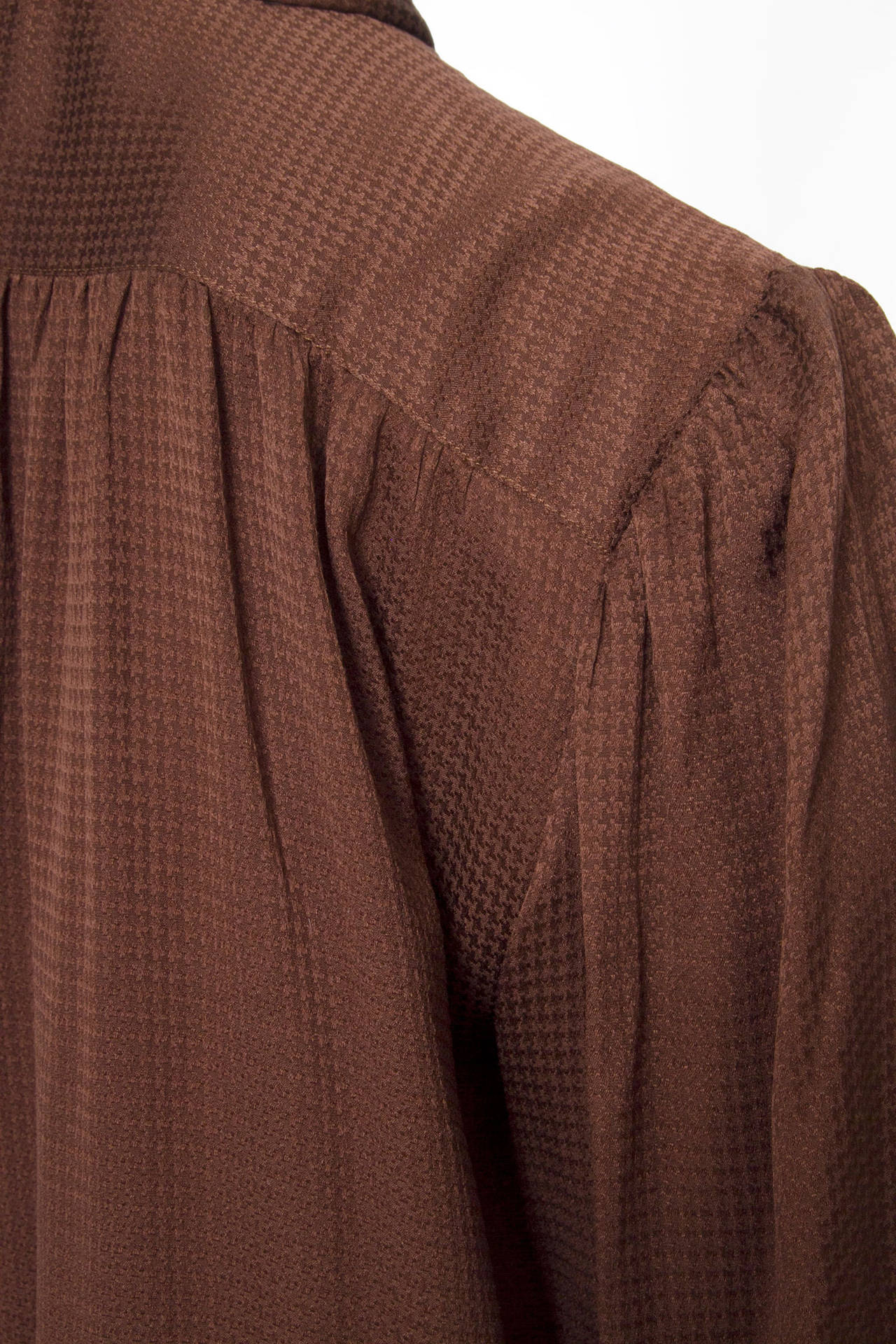 1980s Yves Saint Laurent Chocolate Brown Jacquard Silk Blouse 3