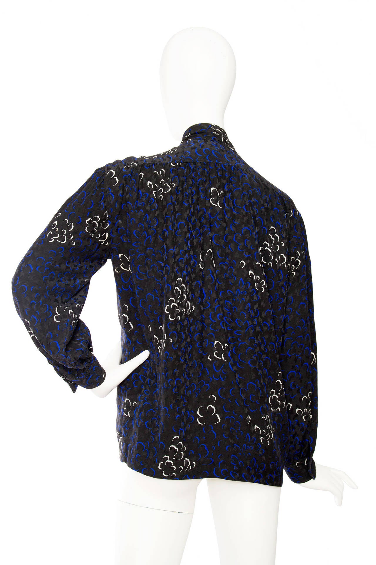 Black 1970s Yves Saint Laurent Rive Gauche Jacquard Silk Blouse For Sale