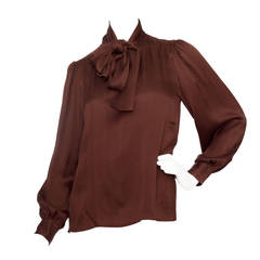 1980s Yves Saint Laurent Chocolate Brown Jacquard Silk Blouse