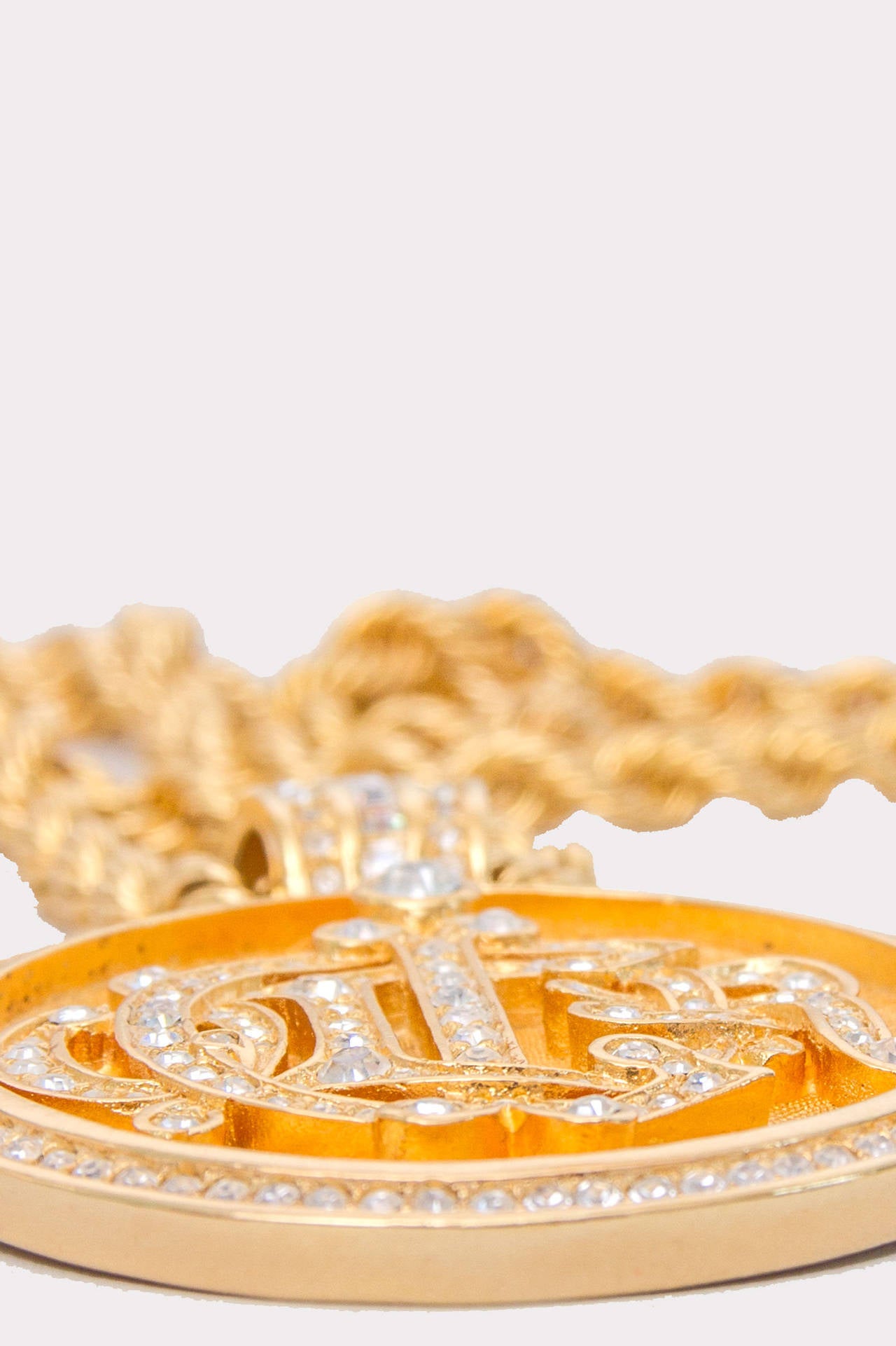 1980s Christian Dior Gold Chain & Rhinestone Studded Logo Pendant For Sale 2