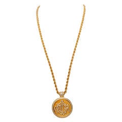 1980s Christian Dior Gold Chain & Rhinestone Studded Logo Pendant