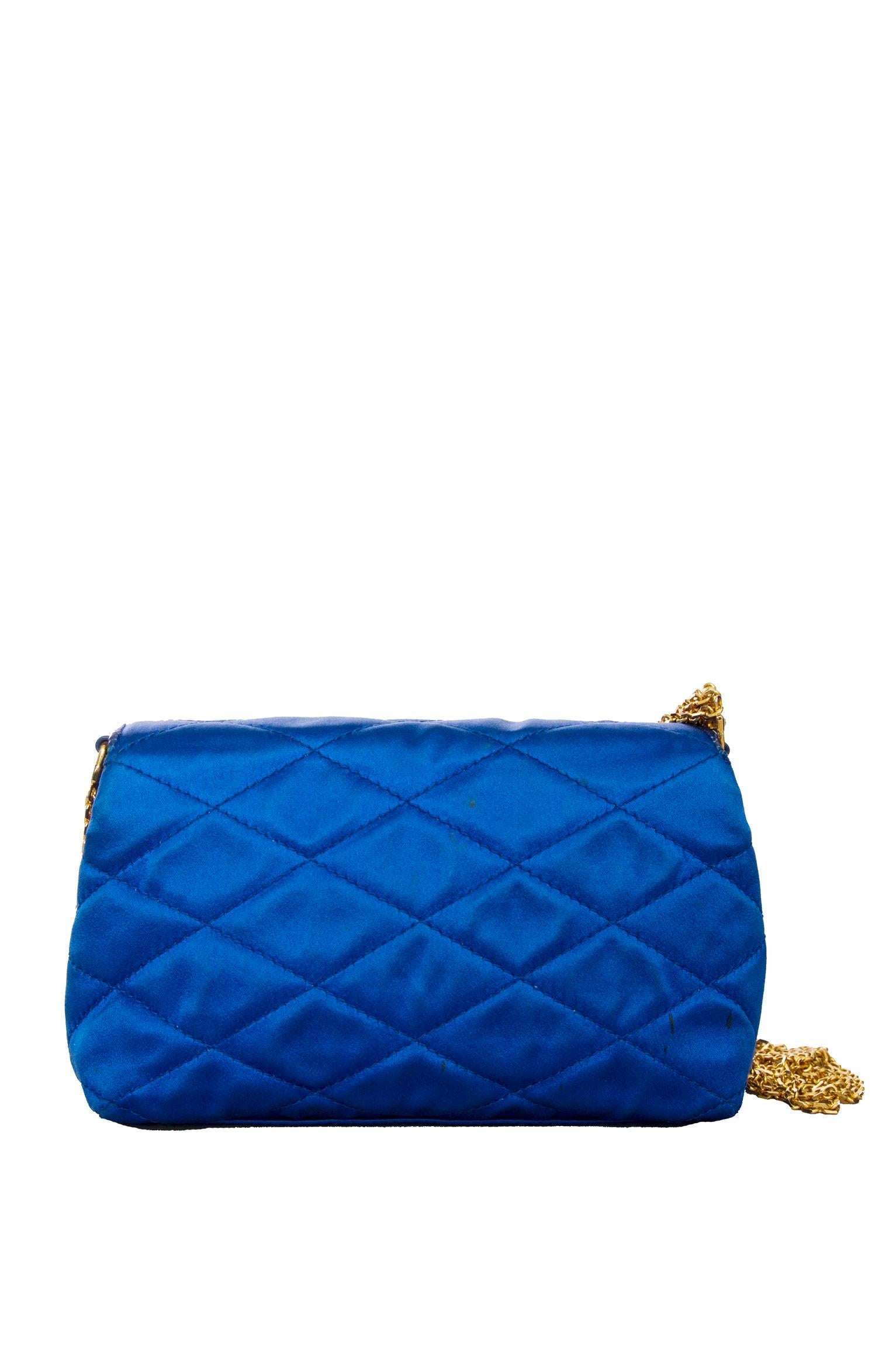 1980s Glamorous Chanel Quilted Blue Satin Evening Bag  2