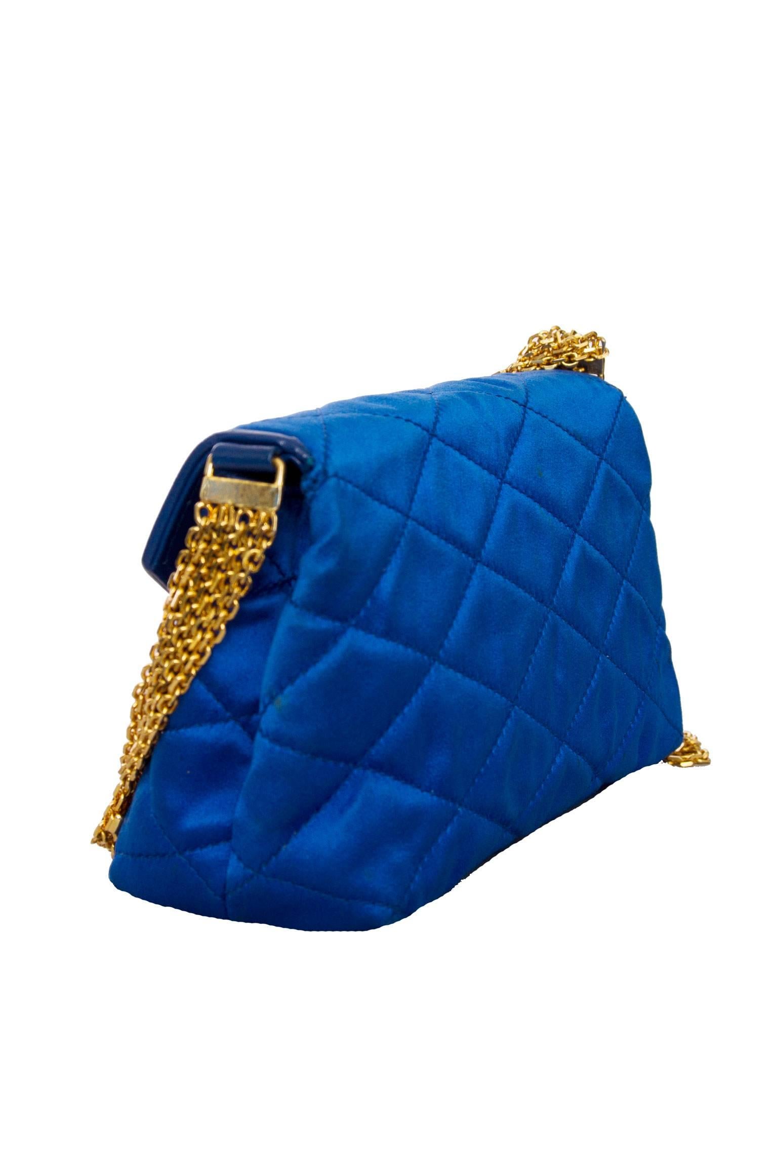 1980s Glamorous Chanel Quilted Blue Satin Evening Bag  1