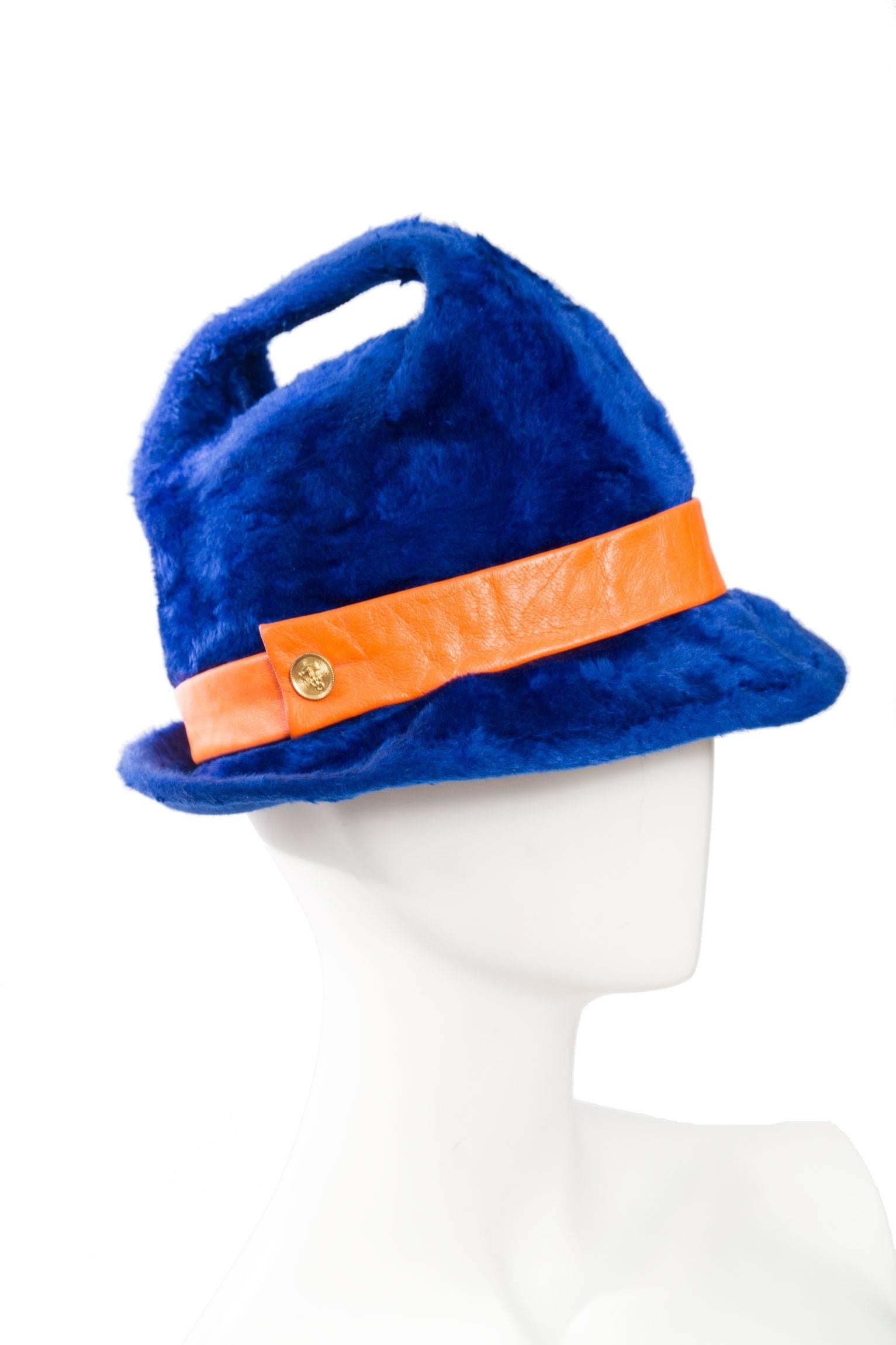 1960s Yves Saint Laurent Blue Felt Handle Hat w. Orange Trim For Sale 3