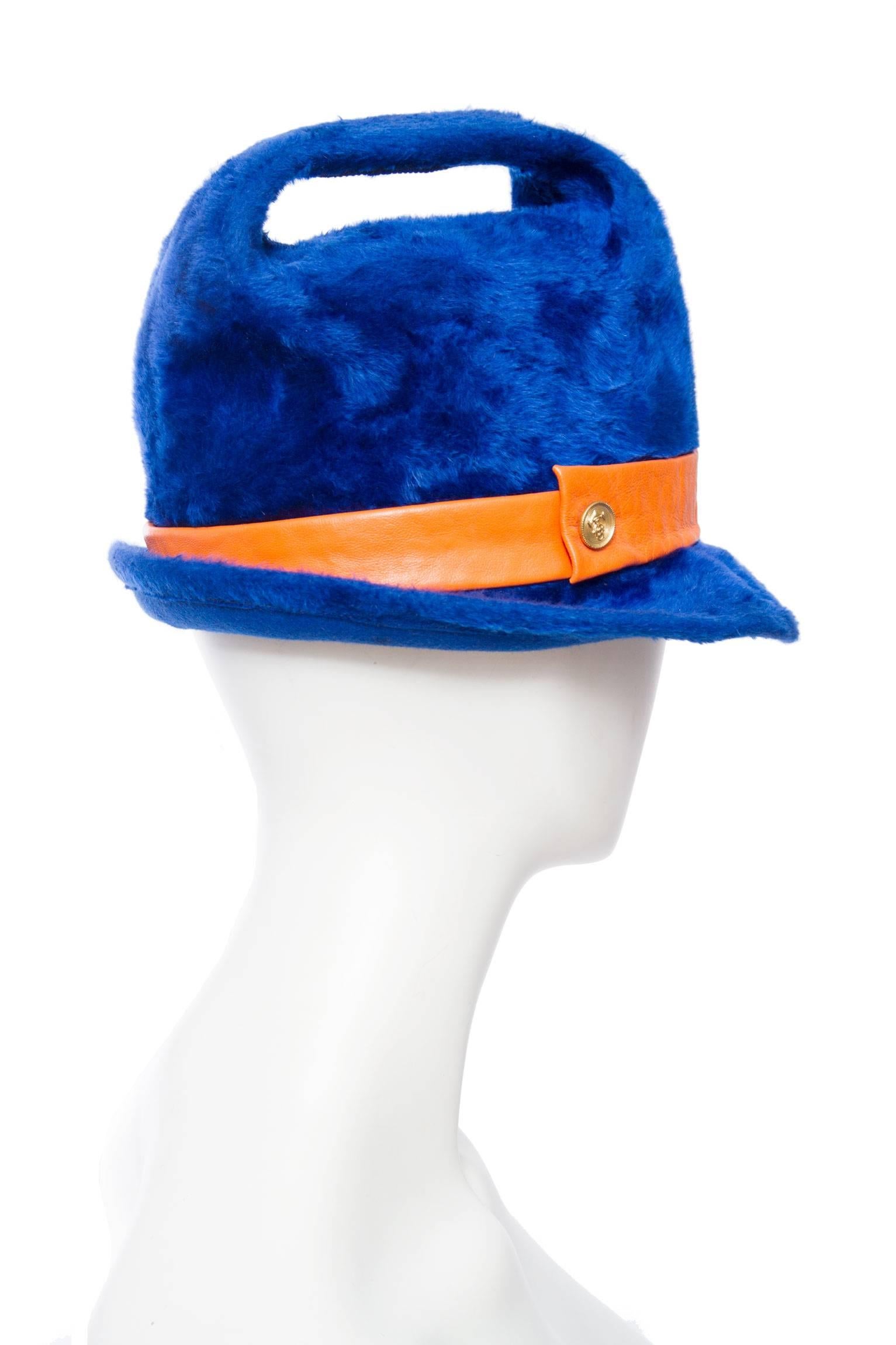 1960s Yves Saint Laurent Blue Felt Handle Hat w. Orange Trim For Sale 2