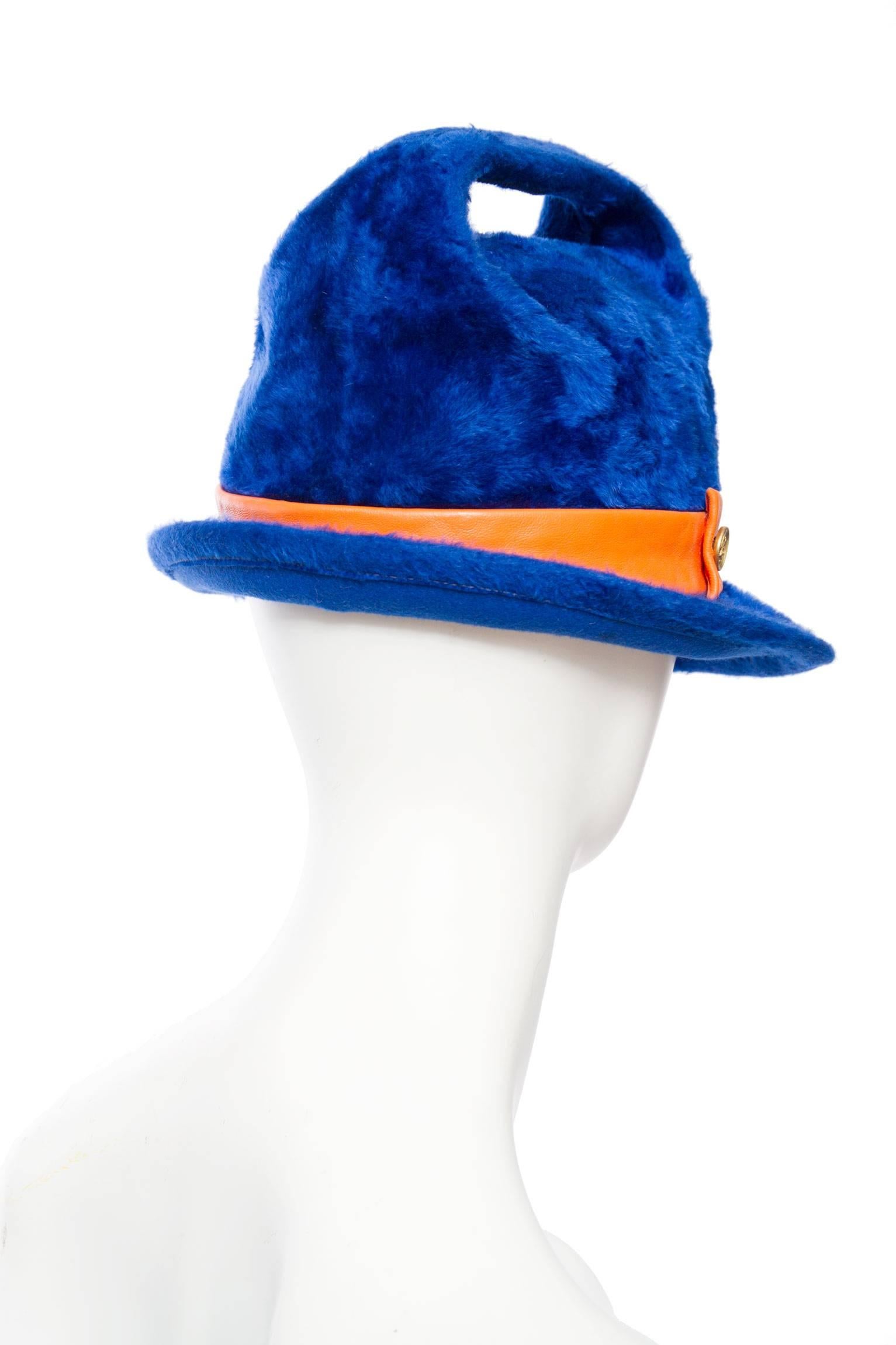 Women's 1960s Yves Saint Laurent Blue Felt Handle Hat w. Orange Trim For Sale