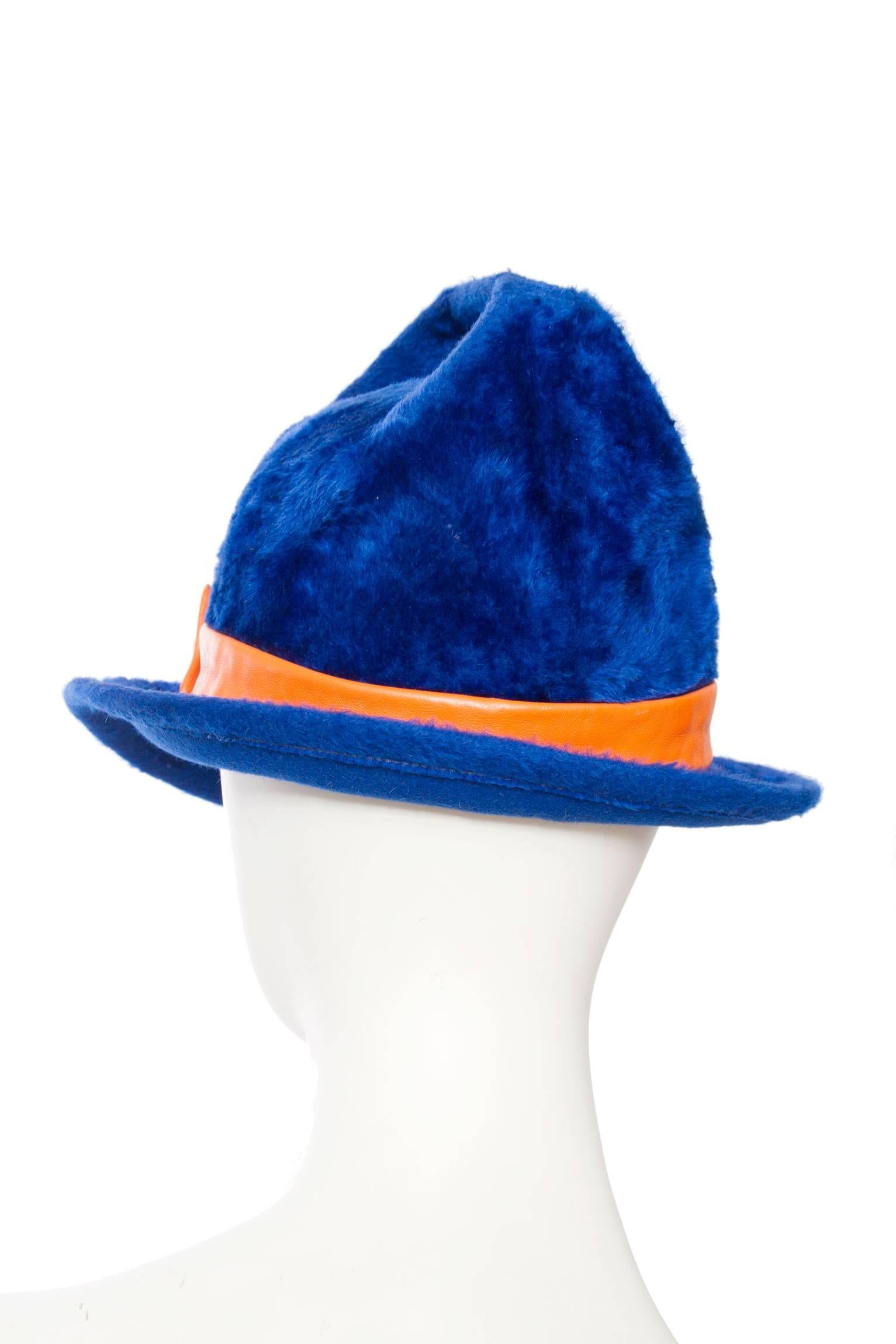 1960s Yves Saint Laurent Blue Felt Handle Hat w. Orange Trim For Sale 1
