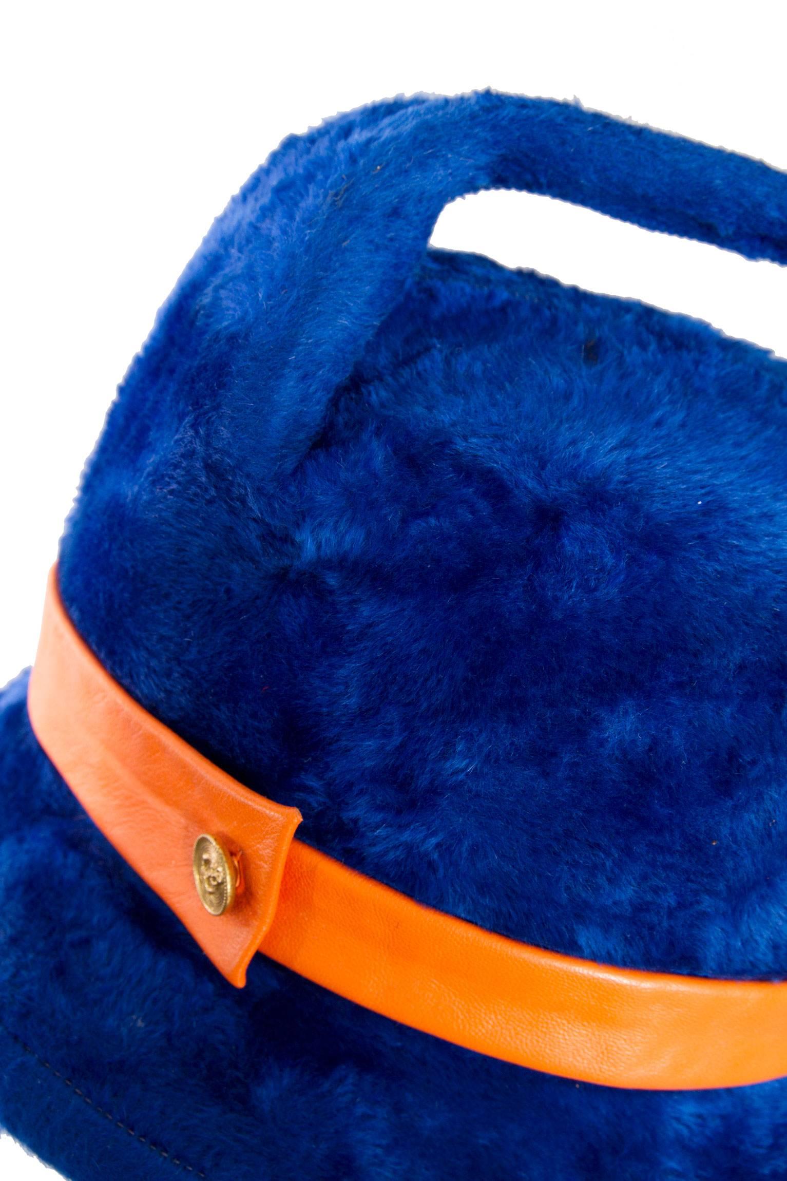 1960s Yves Saint Laurent Blue Felt Handle Hat w. Orange Trim For Sale 4