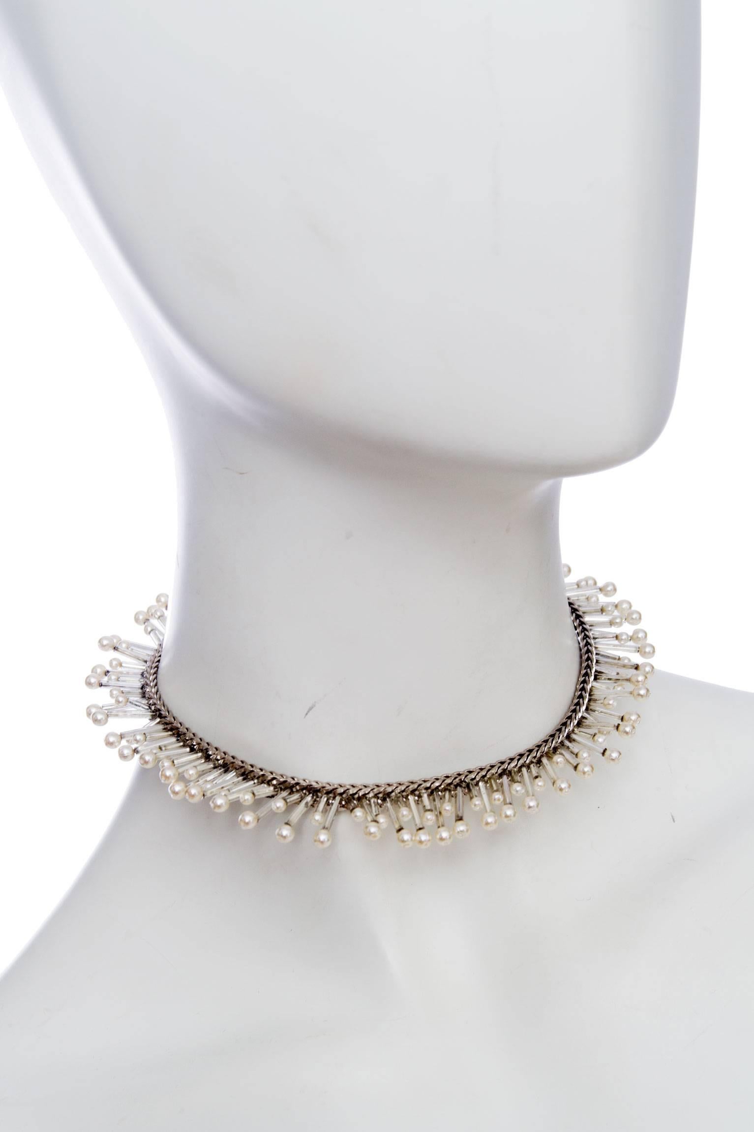 Chanel Silver Beaded Mother-of-Pearl Choker Necklace, 1990s  In Good Condition In Copenhagen, DK